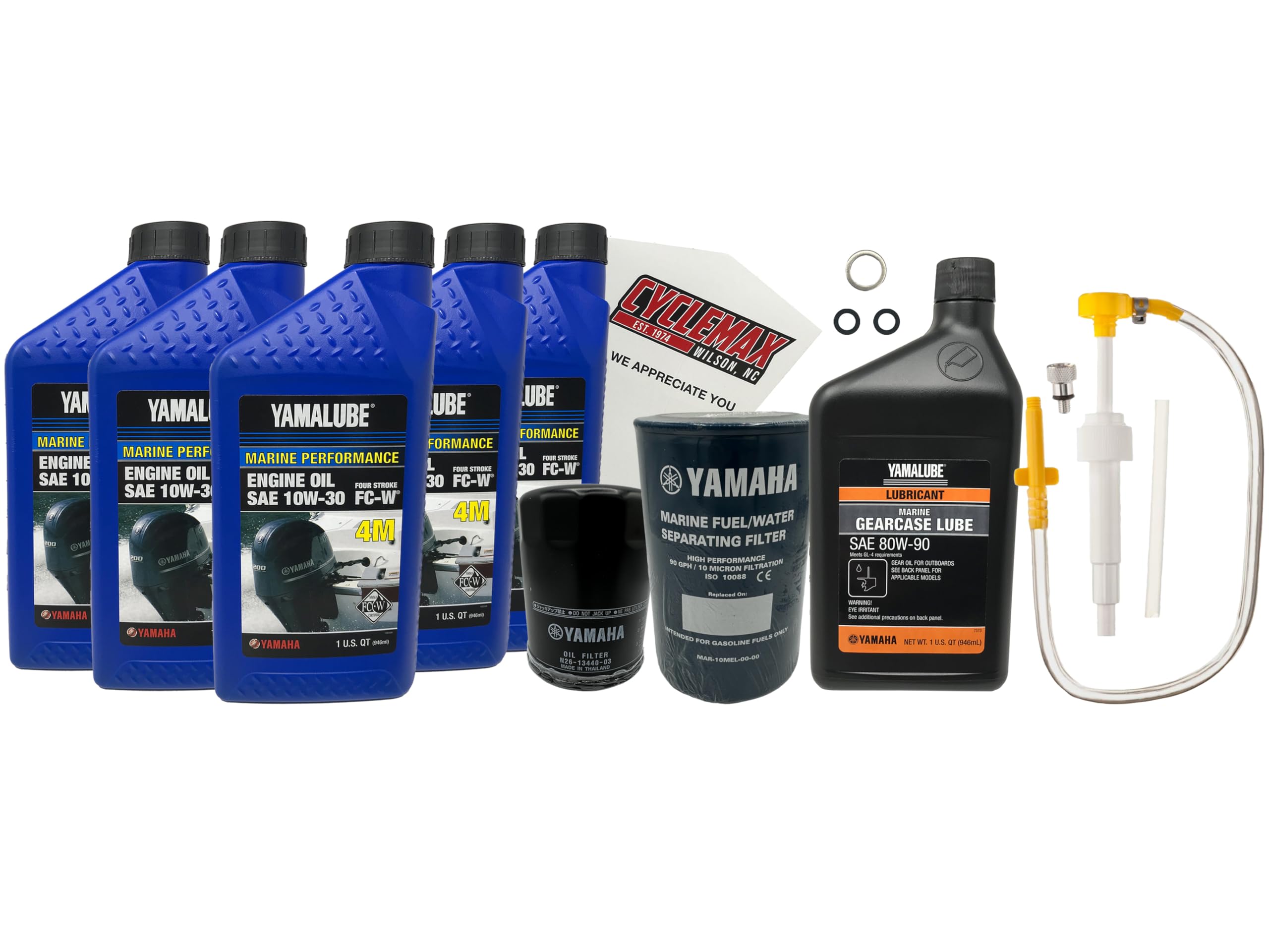 Cyclemax F150-F200 10W30 Marine Oil Change Kit with Gear Pump Kit and Fuel Water Seperator Filter fits 2004-2024 Yamaha F150 Outboard Engine