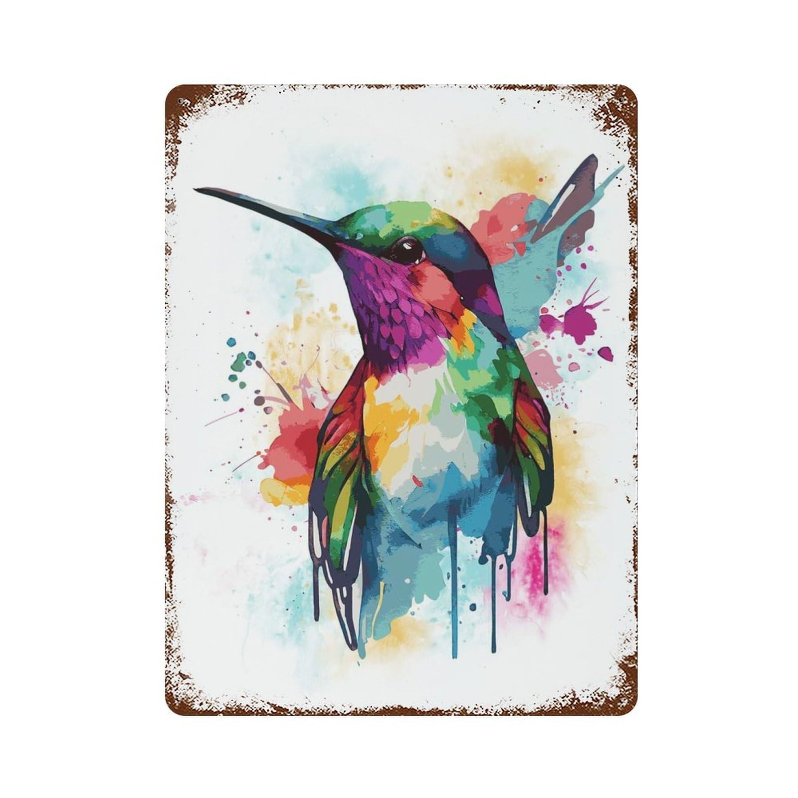 Watercolor Hummingbird Art Rust Effect Tin Sign 15.7"x11.8", for Bistro, Counter And Cafe Decor, Decorative Metal Wall Art