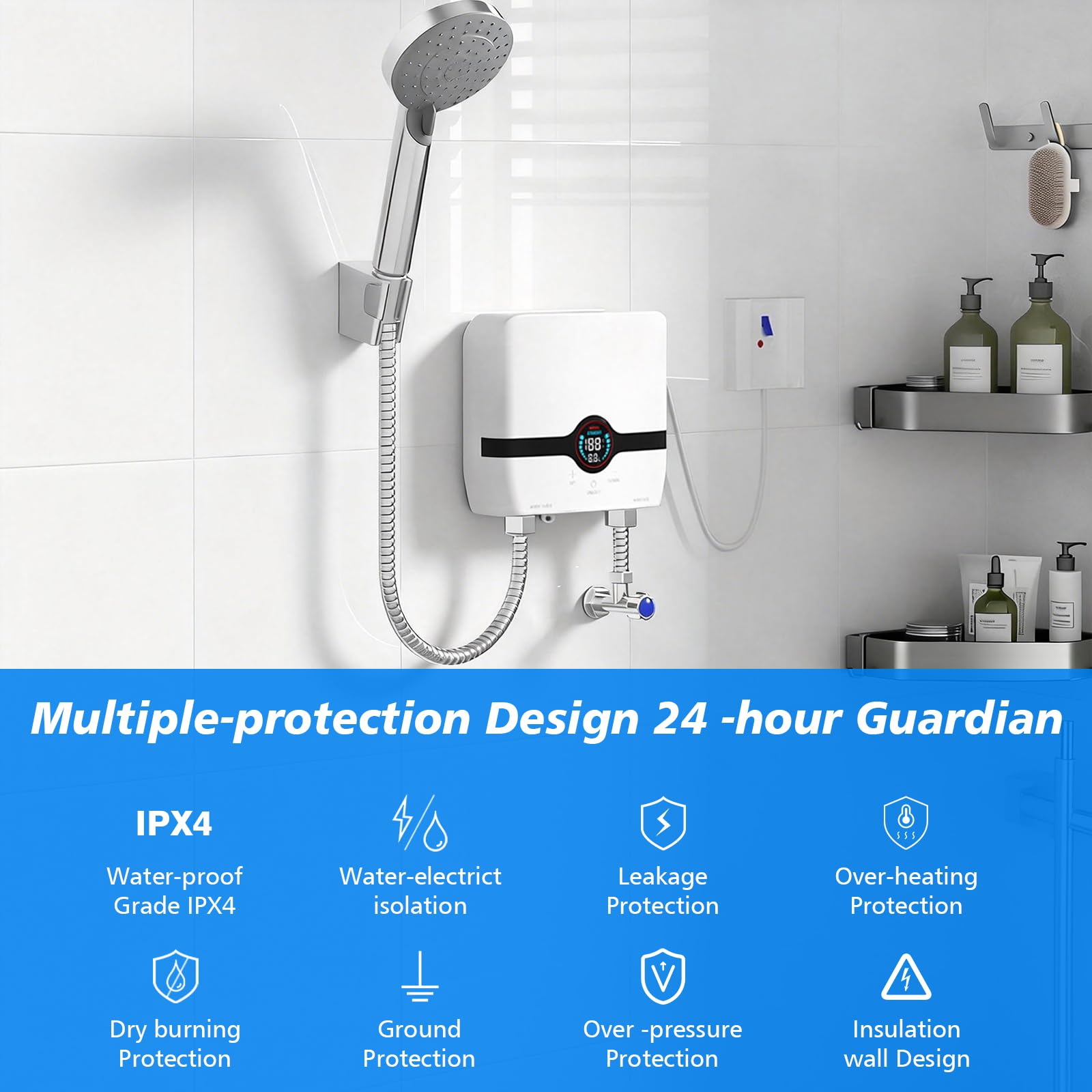 Chauffe-eau électriques 220V 6500W, Chauffe-eau électrique sans réservoir, Petit chauffe-eau instantané électrique économie d'eau Avec écran numérique, Pour cuisine, salle de bain, lavage