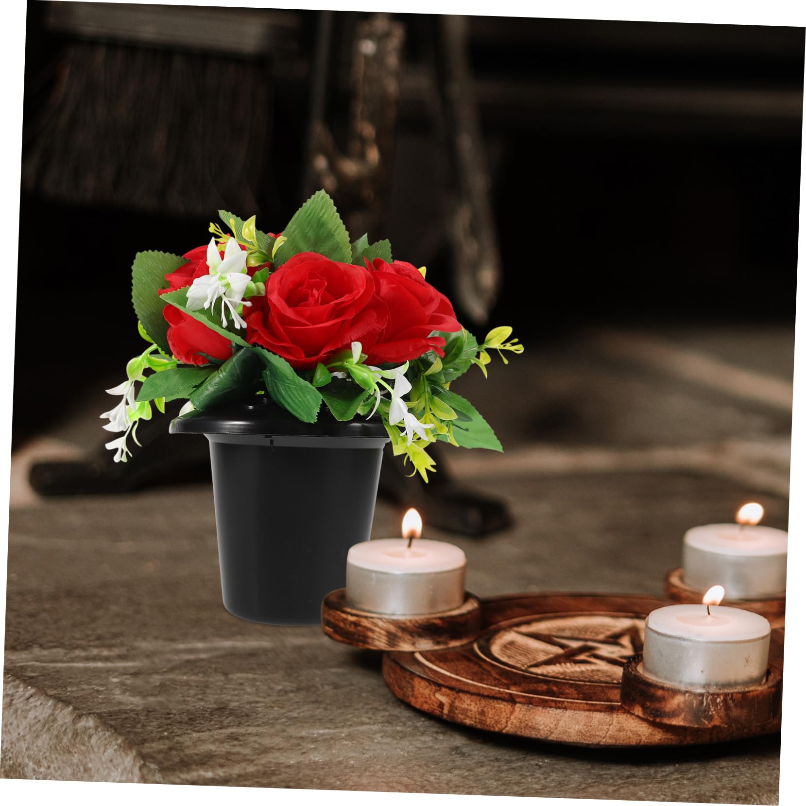 VANZACK Flores Artificiales para Cementerio con Jarrón, Flores Conmemorativas para Tumbas con Diseño de Cubo Pequeño y Resistencia al Agua, Decoración para Lápida de Cementerio