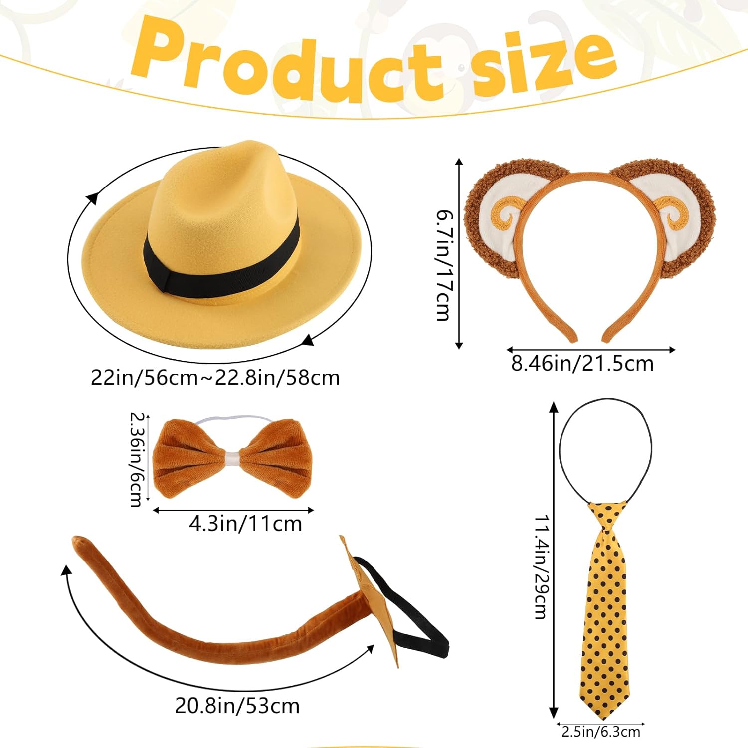 5 Pcs Halloween Couple Monkey and Yellow Costume Set Include Yellow Hat Black Polka Dots Tie Monkey Ears Headband Tails for Halloween Couple Cosplay - Image 2