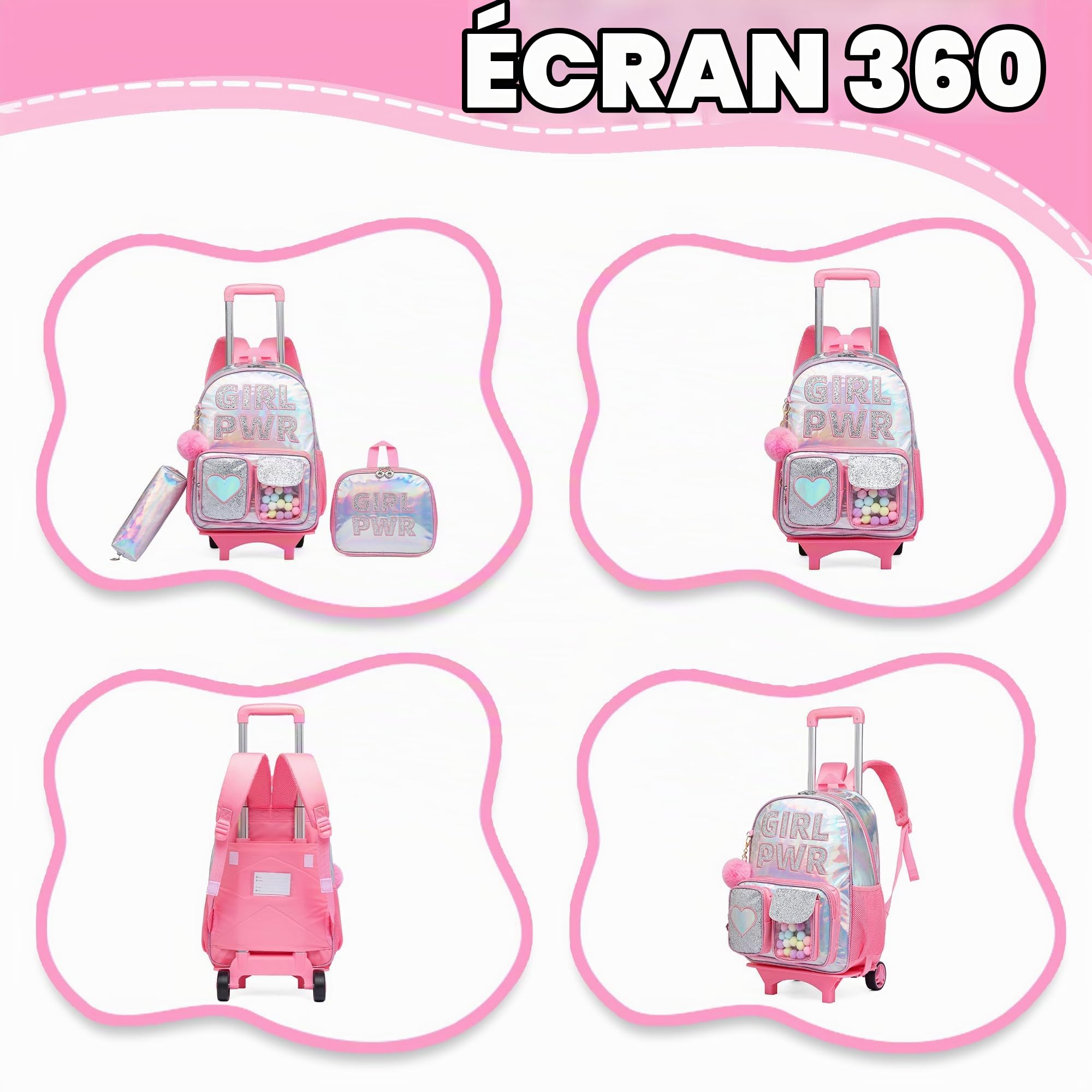 HTgroce Cartable a Roulette Fille Sac a Dos Roulette Fille Sac à Lunch et étui à Crayons Inclus cp,ce1,ce2