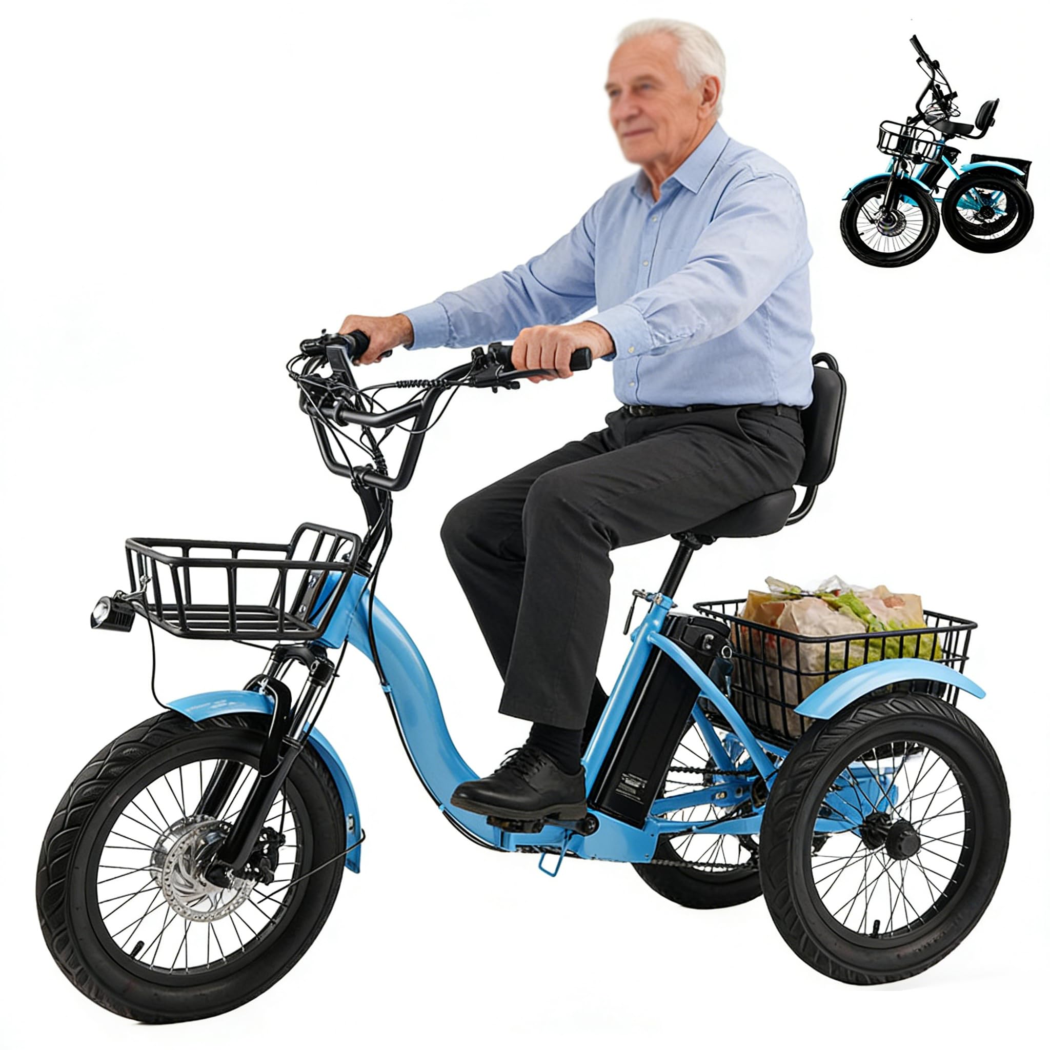 Triciclo Elettrico per Adulti, Triciclo Elettrico Pieghevole Con Pneumatici Larghi Da 18"X3.0",48v 13ah - Autonomia Di 44 Km,Con Faro a LED, Cestino Anteriore E Posteriore,Per La Spesa,Picnic Blue