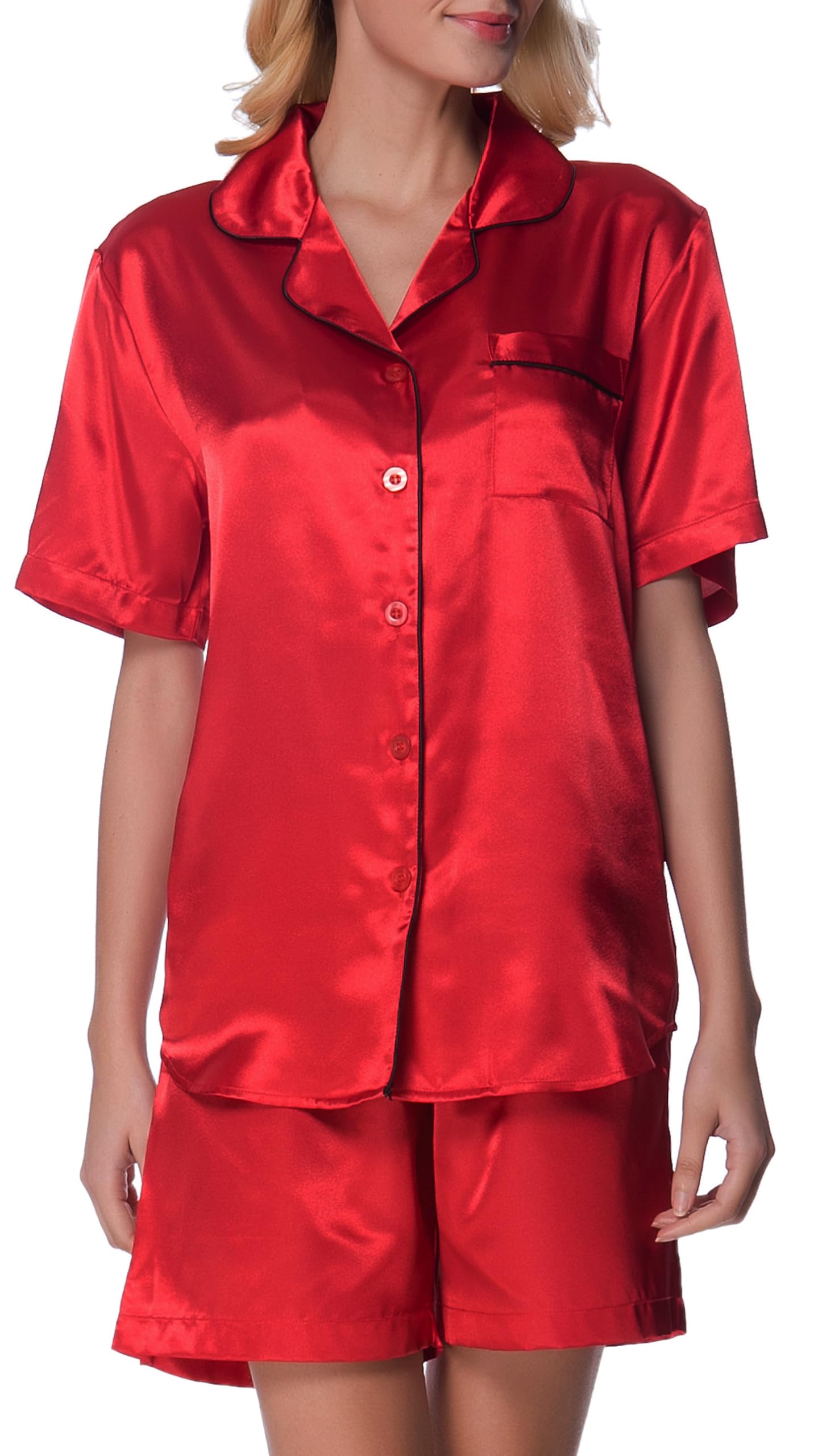 Women's Short Sleeve Classical Silky Satin Pajamas, Short Bottom Sleepwear