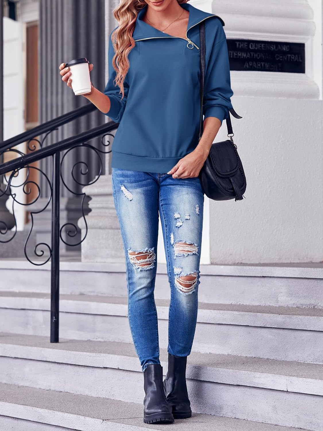 Womens Zipper Sweatshirt Turtleneck Long Sleeve Pullover Casual Loose Sweatshirts Top T Shirts - Image 6