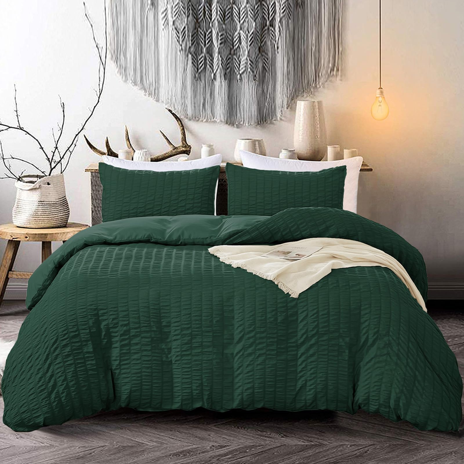 WONGS BEDDING 3 Pieces Emerald Green Duvet Cover Set for Adults Classic Seersucker Soft Breathable Microfiber Set King 220 x 230cm