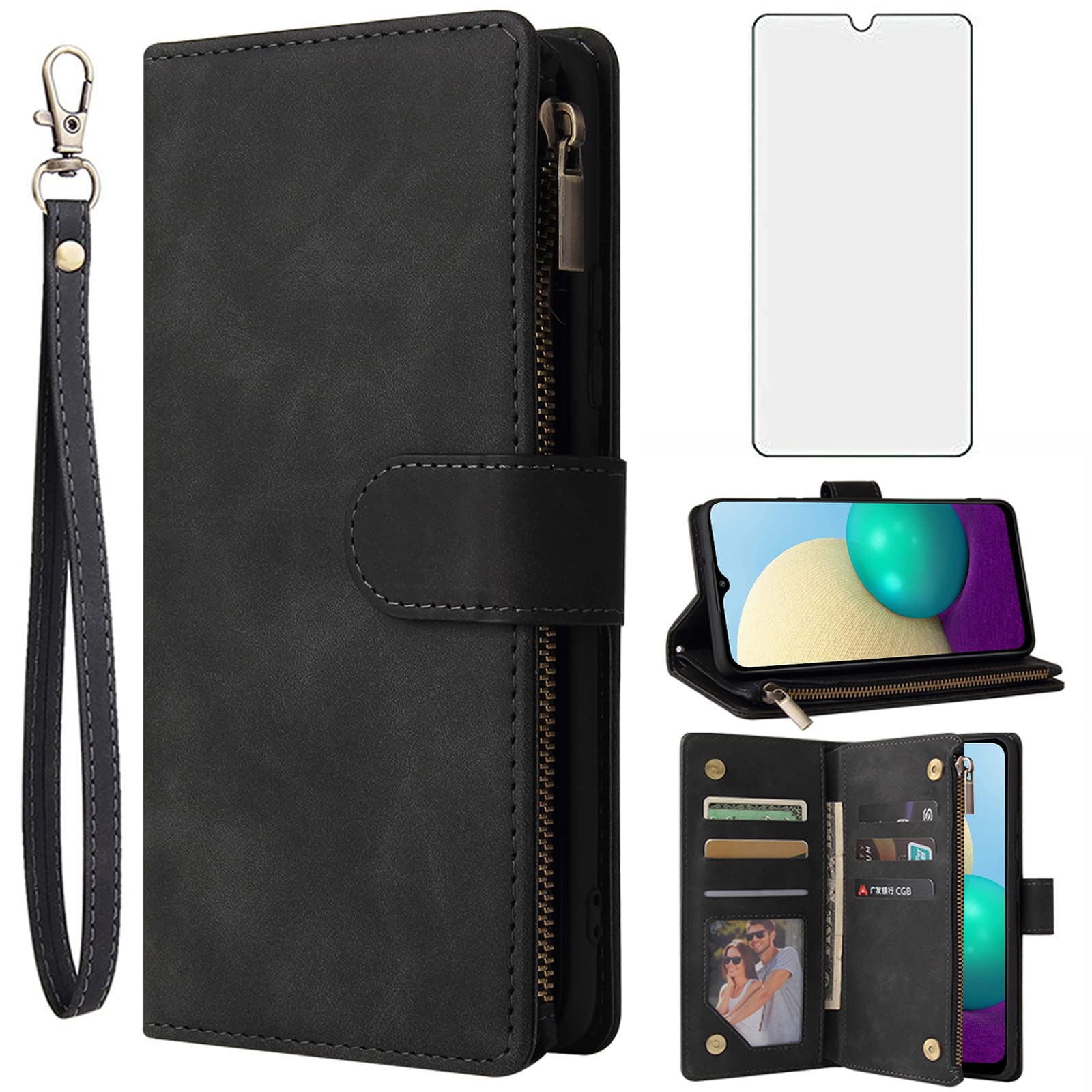 Asuwish Compatible with Samsung Galaxy A01 Wallet Case and Tempered Glass Screen Protector Leather Flip Cover Card Holder Stand Cell Accessories Phone Cases for Glaxay A 01 Gaxaly 01A S01 Women Black