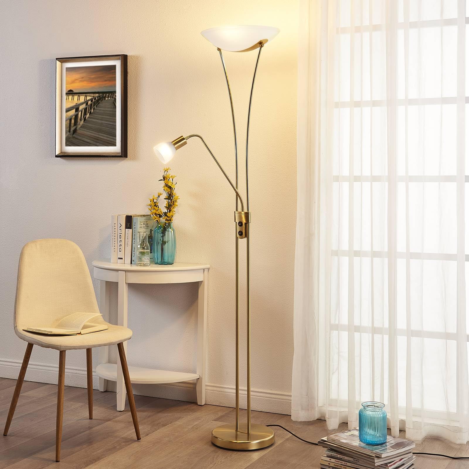Lindby Stehlampe, Deckenfluter verstellbarer Lesearm Standleuchte Glas Metall 2x E27 max. 15W und 1x E14 10W ohne Leuchtmittel Standlampe