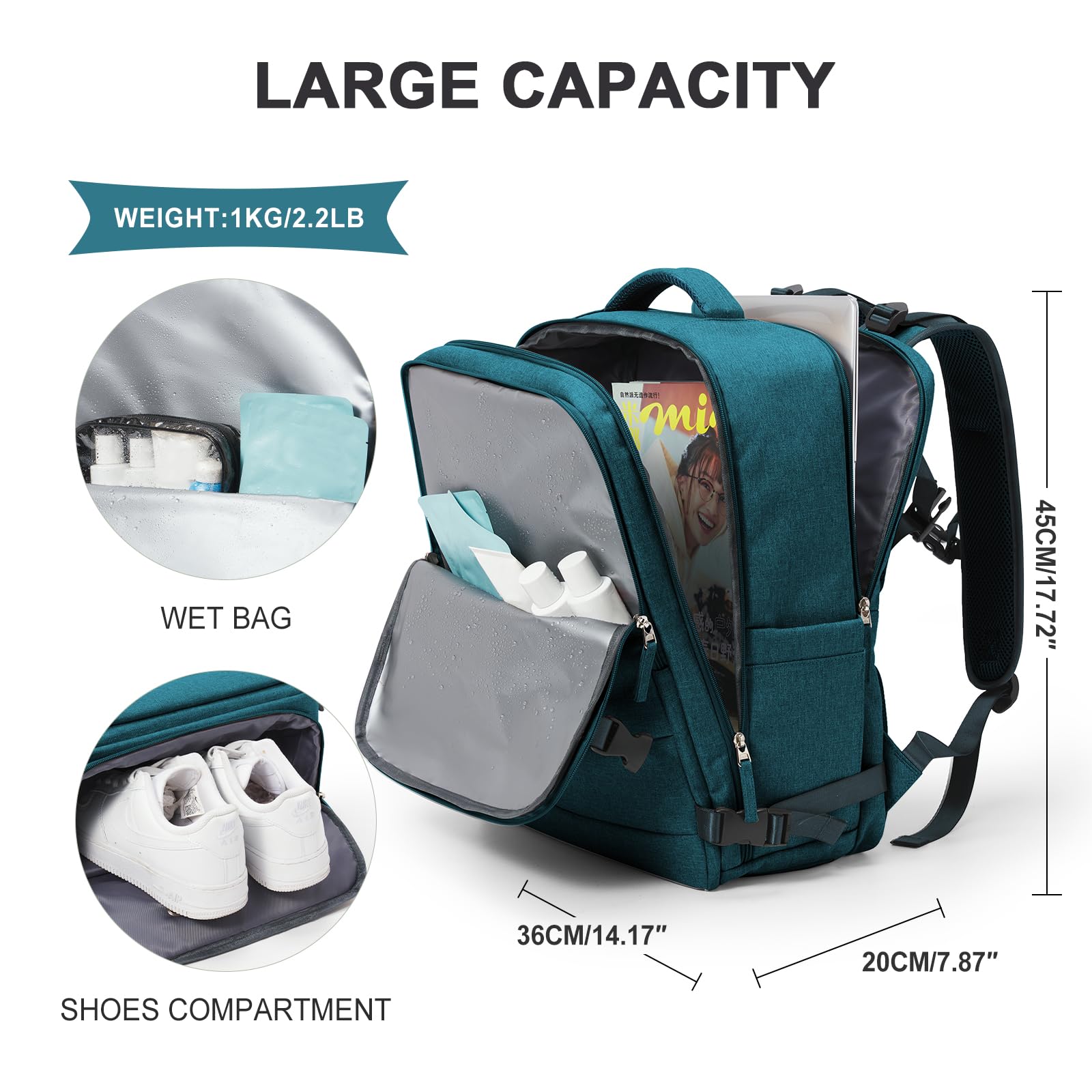 SZLX Zaino Ryanair 40x20x25 Donna Zaino da Viaggio Sottovuoto con pompa Bagaglio a Mano Sottovuoto Viaggio Uomo Borse da Cabina 45x36x20 Easyjet con scomparto per scarpe per Laptop da 14 Pollici