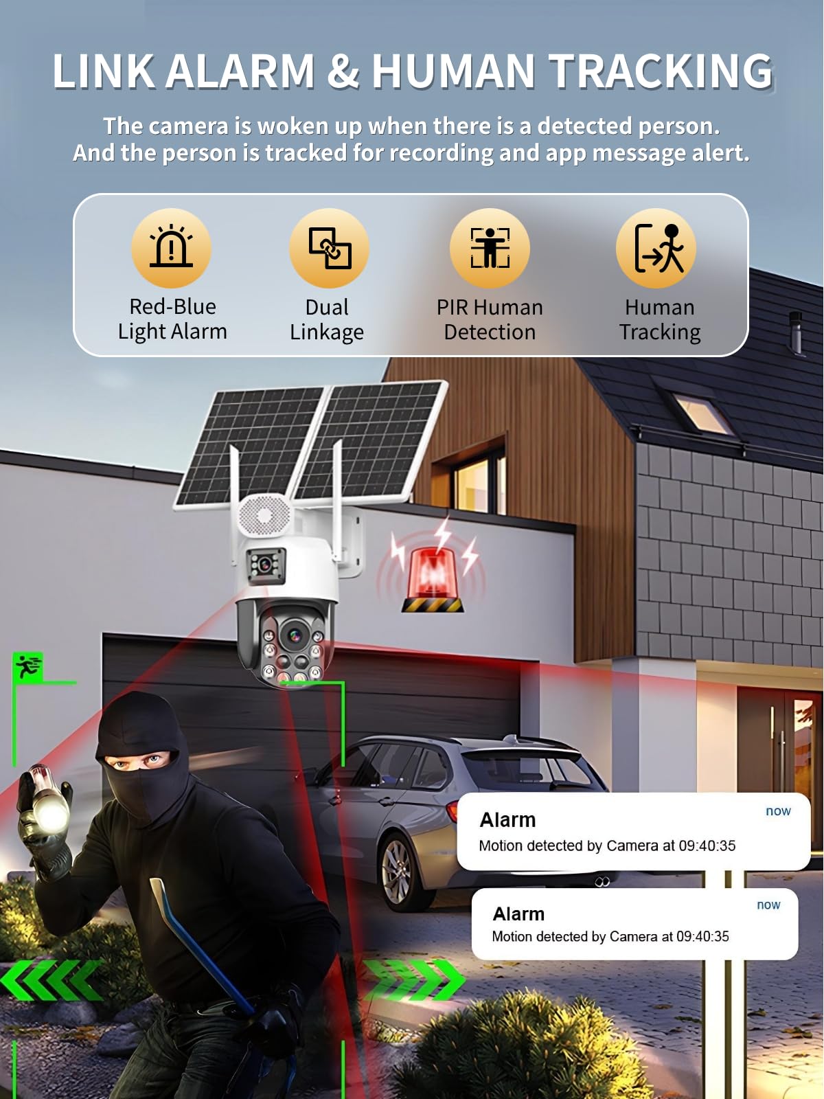 Telecamera di sicurezza wireless per esterni, 4G Solar IP66 impermeabile, rilevamento del movimento, doppia fotocamera HD da 6 MP, panoramica e inclinabile, zoom 36x, include scheda SD da 64 GB