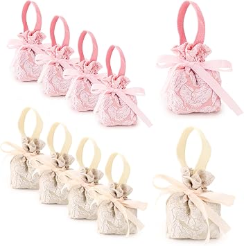 Diakey 10 Pack Small Gift Bags with Handles, Drawstring Wedding Party Favor Bags, Mini Fabric Gift Pouches Bulk for Treat, Candy, Goodie, Birthday, 3.9x2x5.5in, Pink+Champagne