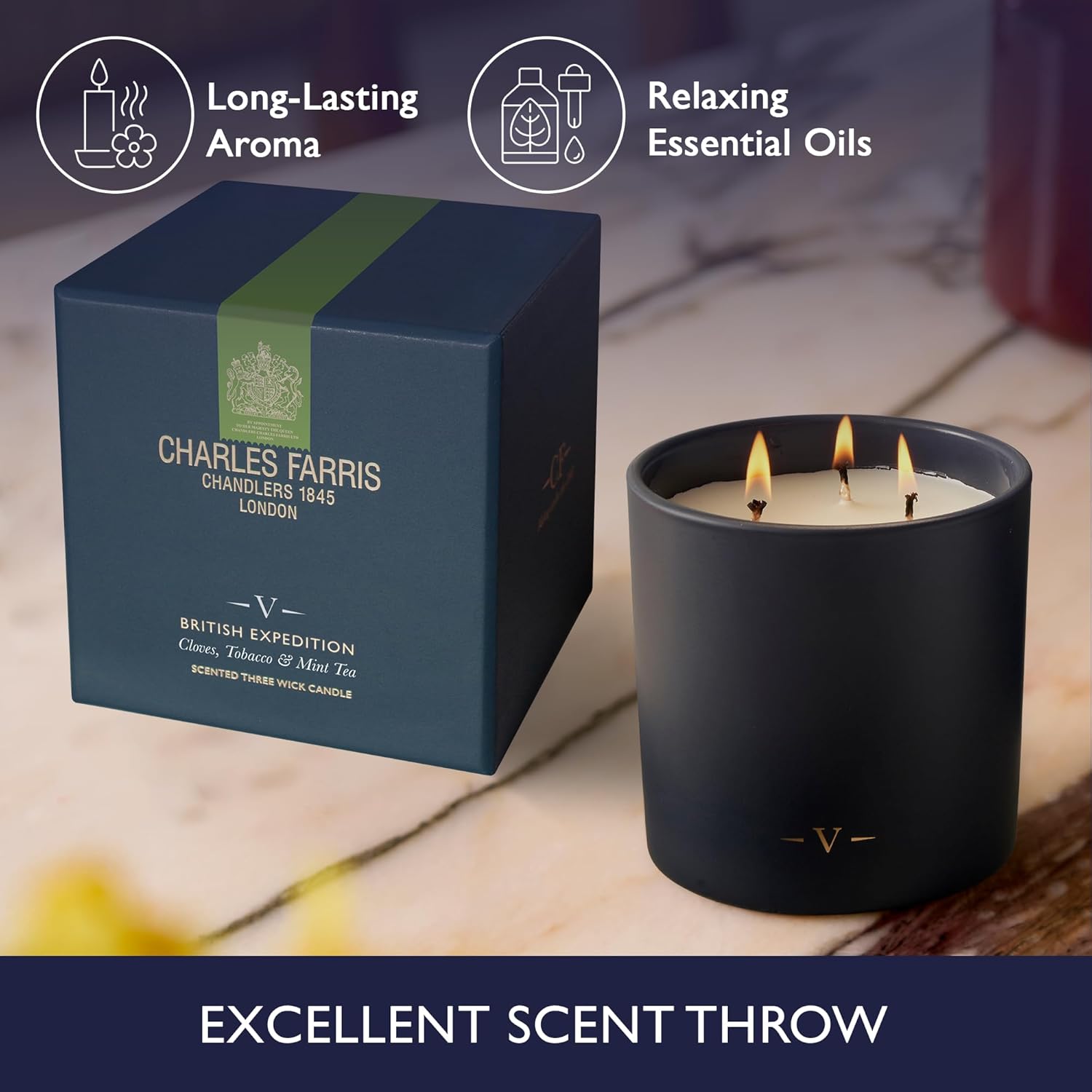 Charles Farris Luxury Scented Candle – 3 Wick, Hand-Poured, Long Lasting, Clean Burning, 640g / 22.5oz, Up to 80 Hours of Burn Time, Made in England – Cloves, Tobacco & Mint Tea – British Expedition - Image 7