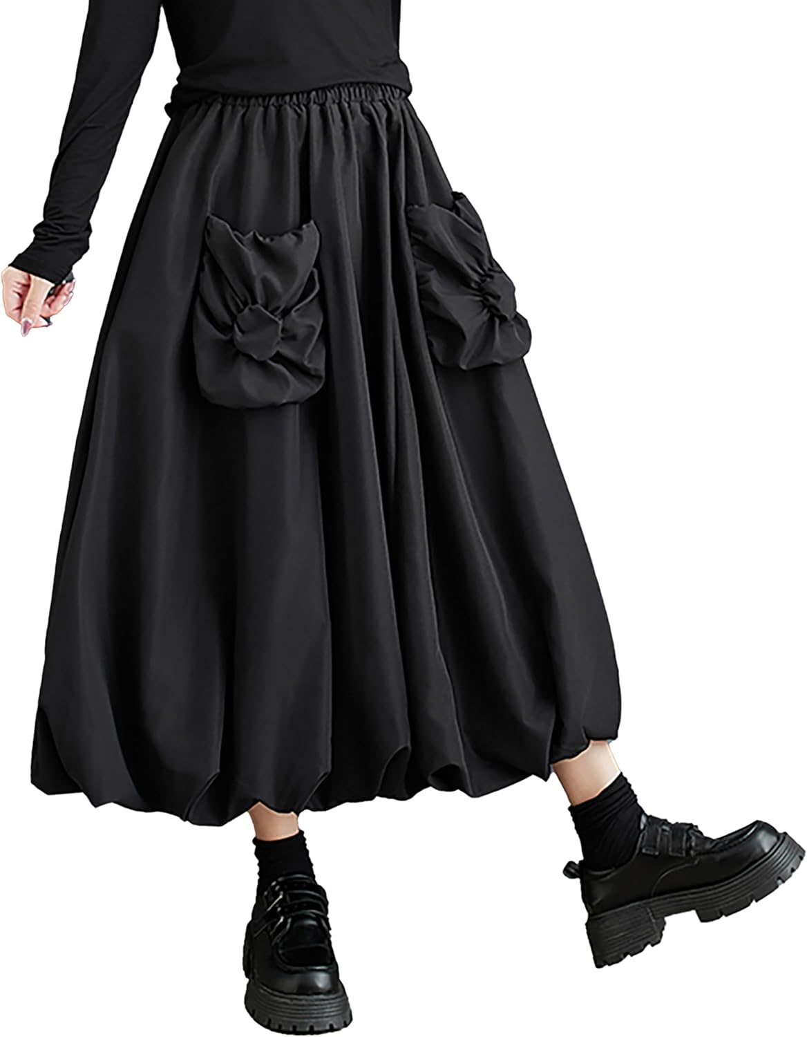 Women's Skirt Wide Legs Elastic Two Side Pockets Flowy Hem Solid Color Baggy Loose Oversize GZ268