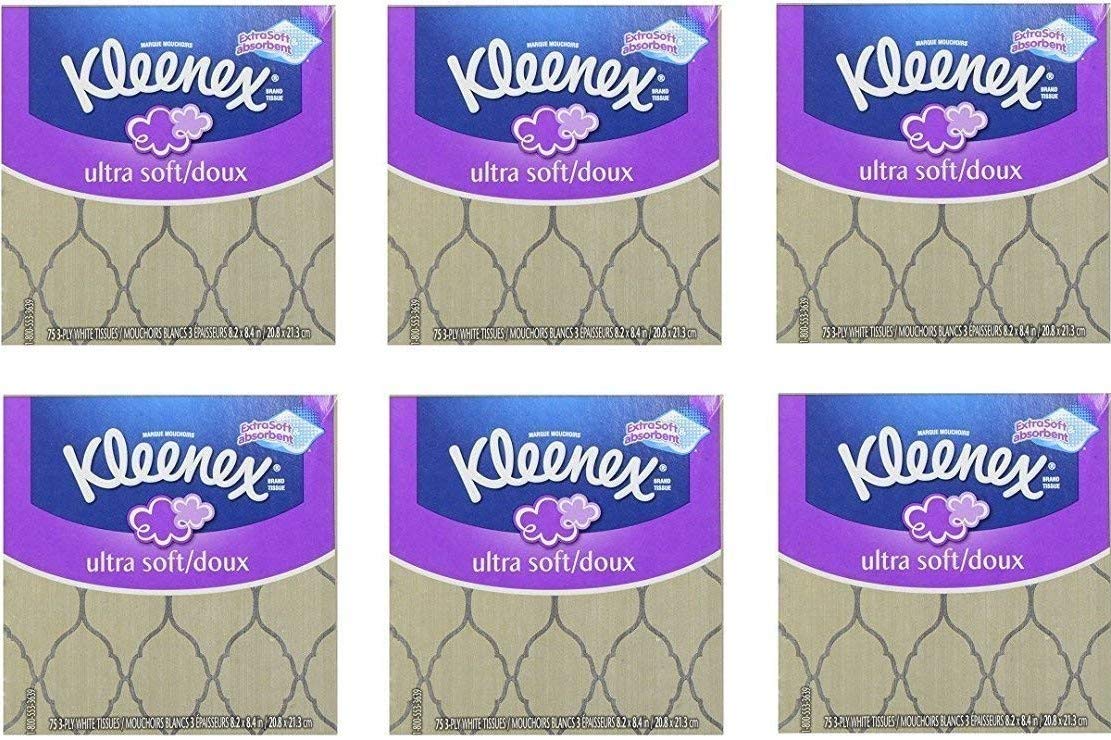 Kleenex Ultra Soft Facial Tissues Thick and Absorbent Strong 75 3-PLY White Facial Tissues 6 Cubes Bundle Pack