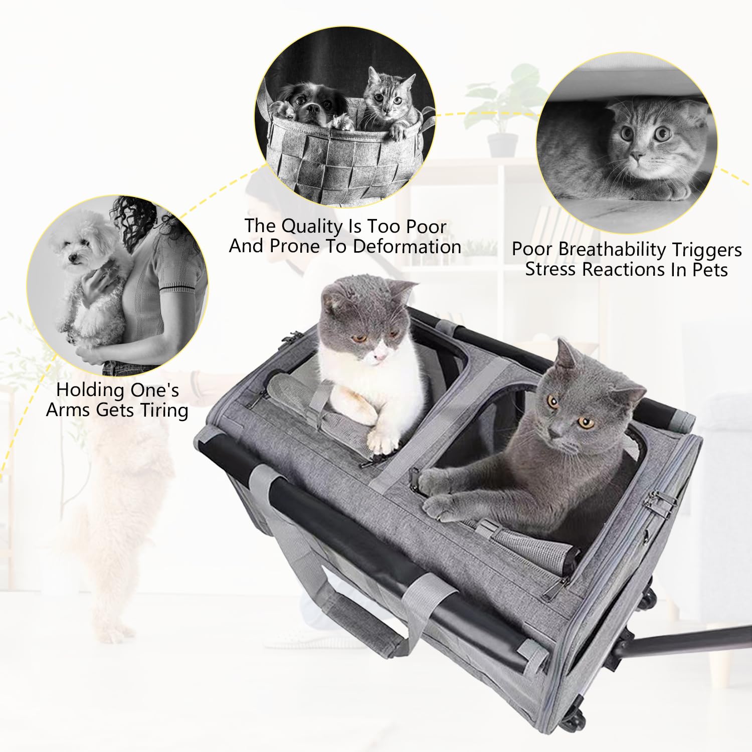 Sac de transport à roulettes pour chat, double compartiment, pour 2 chats et petits chiens, charge jusqu'à 16,3 kg, idéal pour les voyages, la randonnée, le camping, gris
