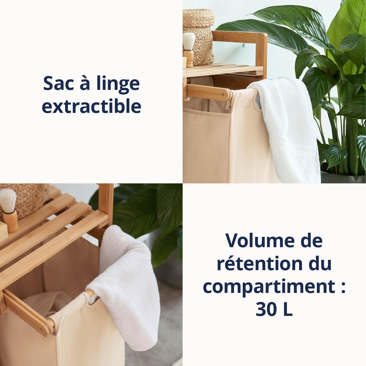 Lumaland Panier à linge en bambou avec sac à linge coulissant, matériau facile d'entretien, résistant à l'humidité et facile à nettoyer, 73 x 33 x 33 cm (H x l x L)