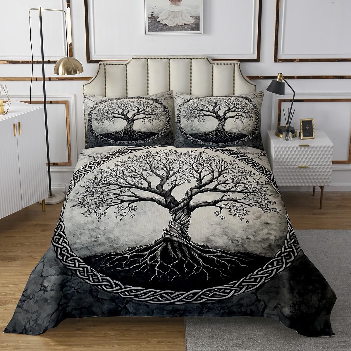 Homewish Tree of Life Bedspread Queen Size,Tree Aesthetic Bedding Sets for Kids Girls Boys Teens Adult Bedroom Decor,Black Grey Exotic Gothic Comforter Set Viking Style Print Quilt Set,2 Pillowcases