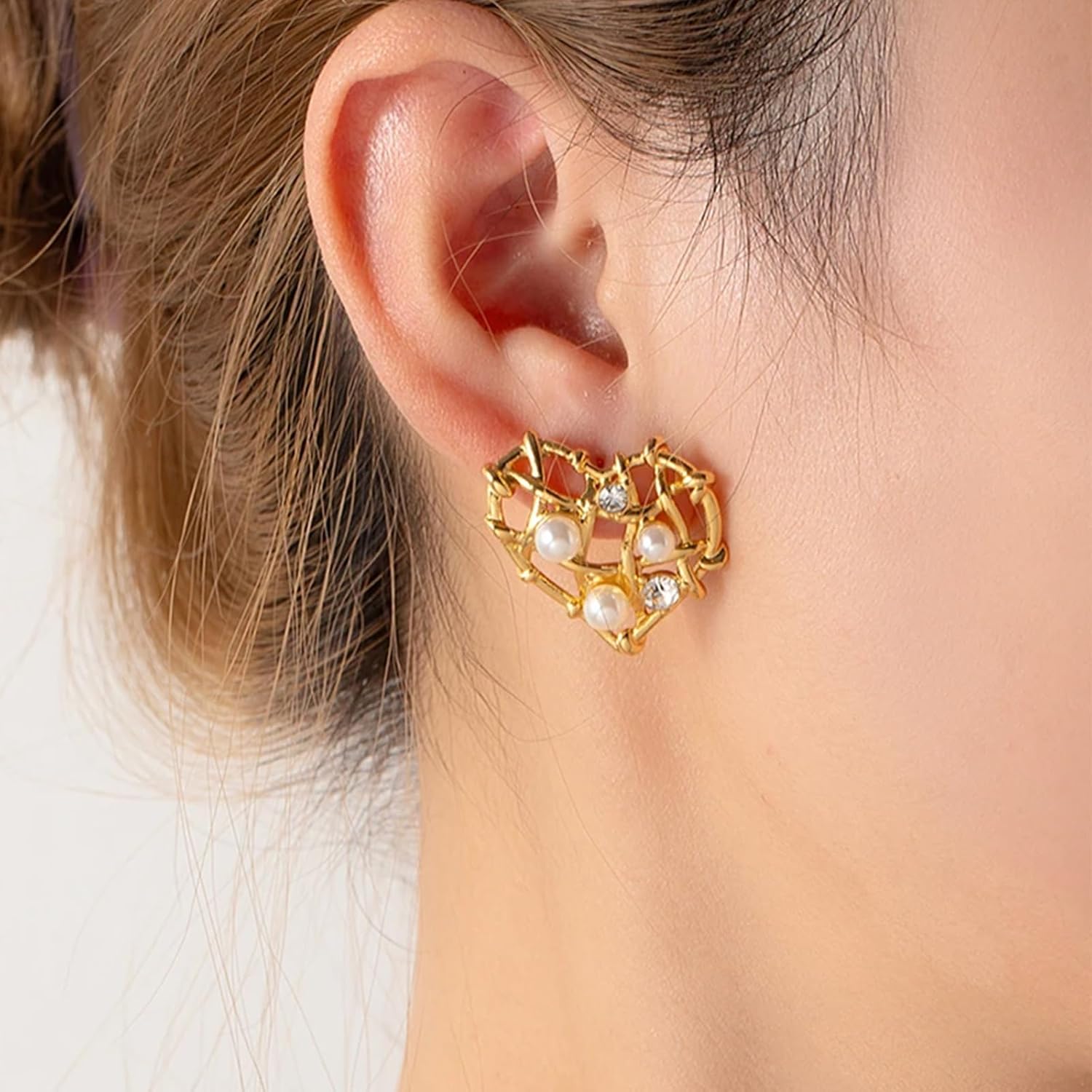 Vintage Gold Statement Stud Earrings, Stainless Steel Chunky Drop Dangle Thick Earrings, Geometric Design with Pearl Accents, Textured Sun Round Heart Pattern for Women - Image 6