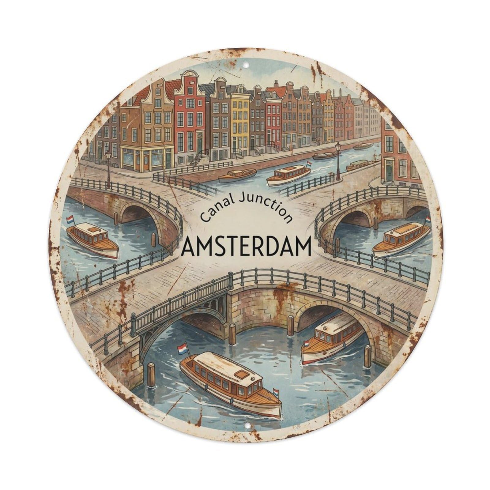 Vintage Travel Amsterdam Canal Junction Metal Tin Sign Plaque Wall Decor for Cafe, Club, Garden Round Metal Poster 8x8Inch