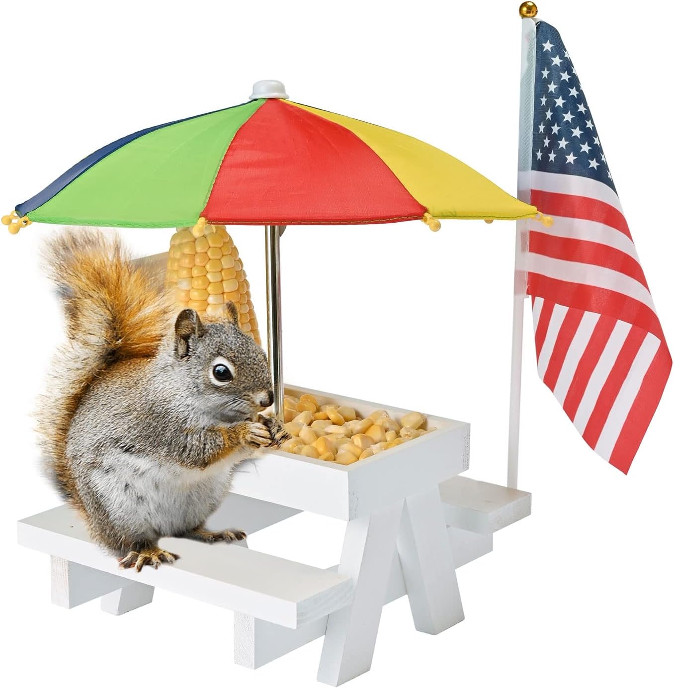 Squirrel Feeder Picnic Table with Umbrella, Large Size Wooden Squirrel Feeder for Outside with Corn Cob Holder for Yard and Porch Decoration, Easy to Fill Peanuts in Shell and Nuts