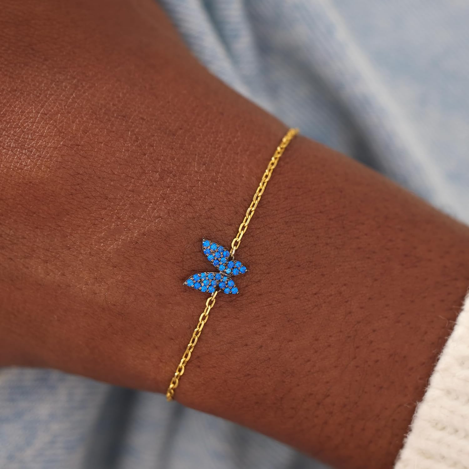 STORYJEWELLERY Butterfly Bracelet, 18K Gold Plated Bracelets for Women, Dainty Charm Bracelet Adorned with Blue Cubic Zirconia, Perfect Gifts for Graduation, Birthday, Anniversary - Image 4
