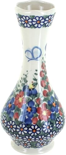 Blue Rose Polish Pottery - Red Garden Butterfly Small Bud Vase - 7" Tall - Hand-Painted Ceramic Flower Vase, Decorative Floral Home & Table Décor