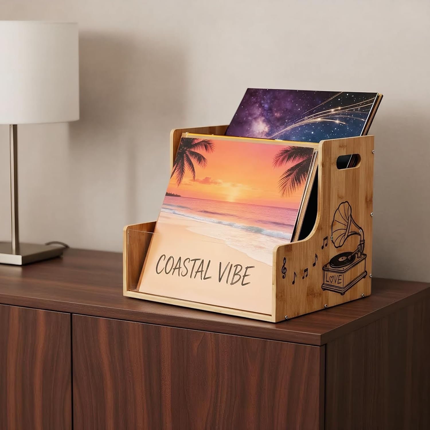 Vinyl Record Storage Bamboo Record Display Holder with Handle and Visible Acrylic LP Record Album Storage with Record Player Pattern Multifunctional Two-tier Large Record Crate Organizer