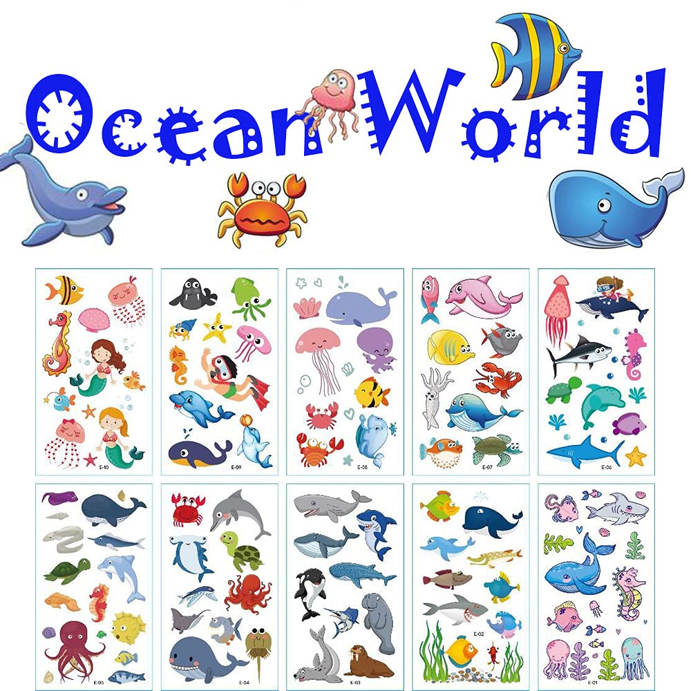 JUYUE10 Sheet Temporary-Tattoos-for-Kids Tattoos Stickers Cartoon Theme Fake Tattoos for Children Boys Girls Birthday Gift Party Supplies Birthday Decorations Prizes (Ocean World)