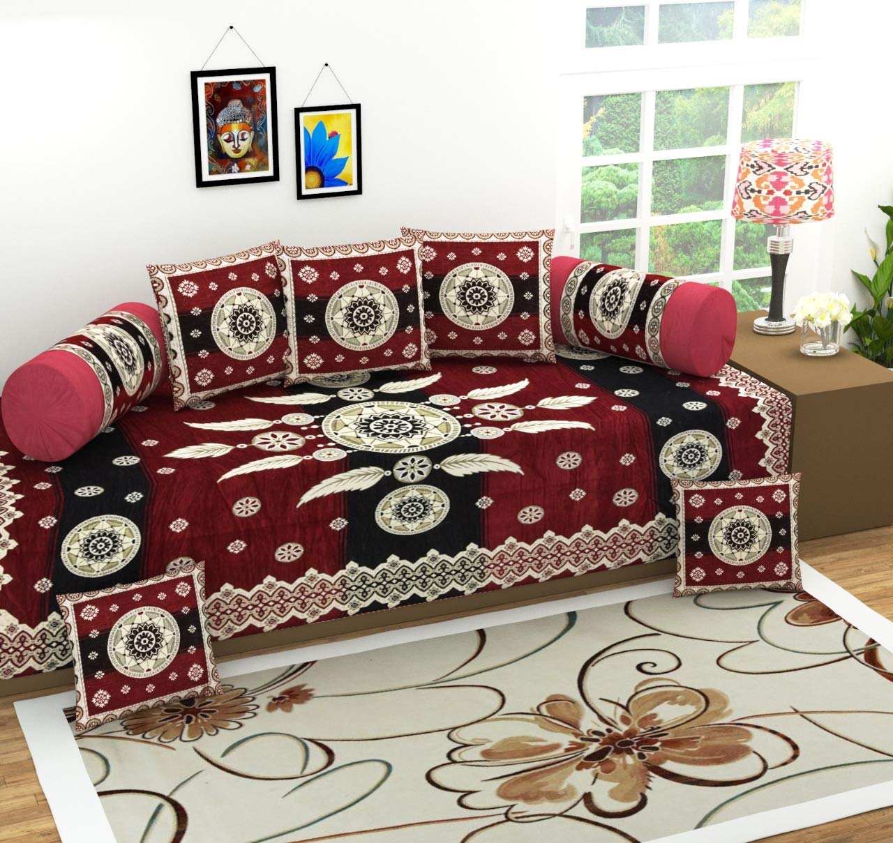 Magnetic Shadow Velvet Touch Chenille Diwan Bedsheet Set of 8 Pieces for Living Room Dining Hall (Maroon)-image-44
