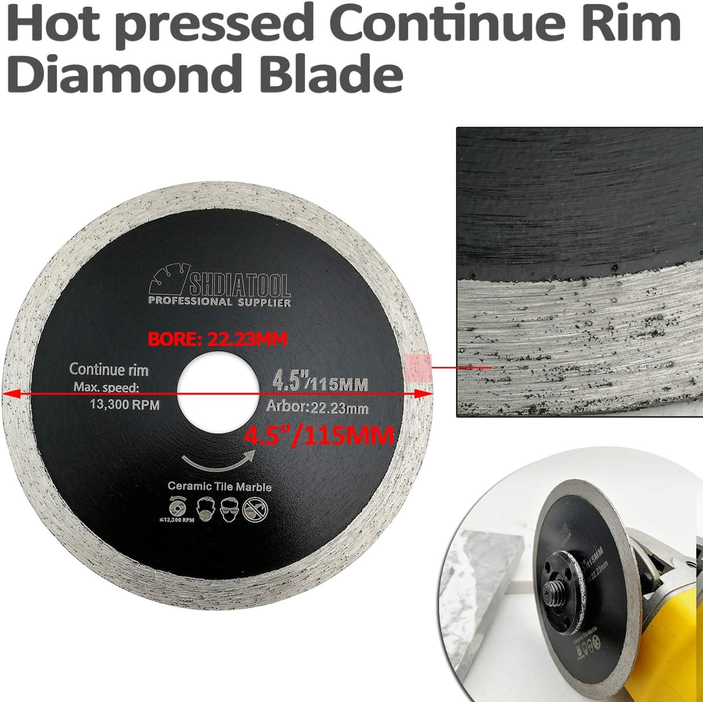 SHDIATOOL 4.5 Inch Ceramic Tile Saw Blade with Continue Rim Diamond Segment Wet Cutting Porcelain Granite Marble(10-Pack)