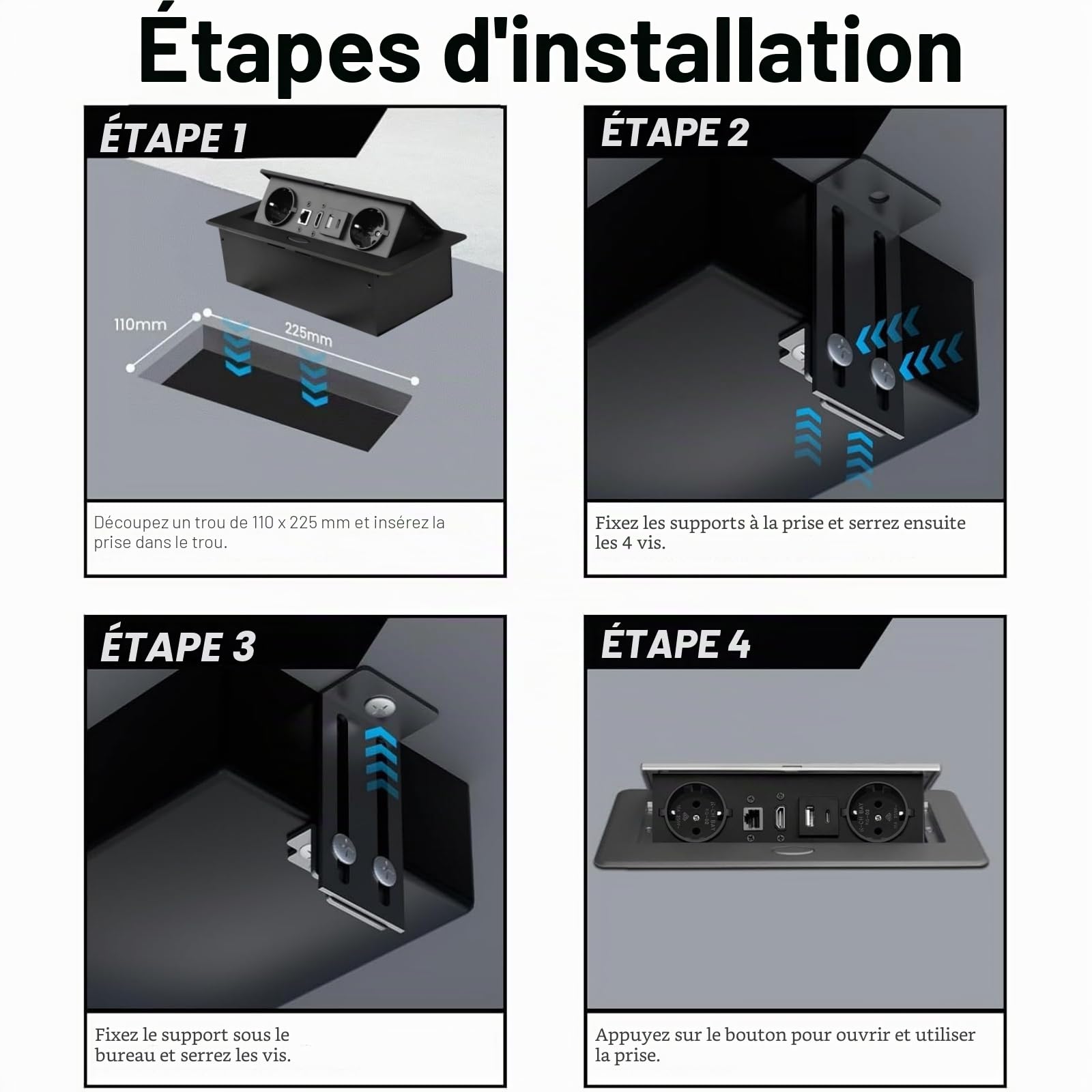 Prise encastrable de table - Prise escamotable avec USB LAN HDMI Type Max 20 W - Charge intelligente - Noir