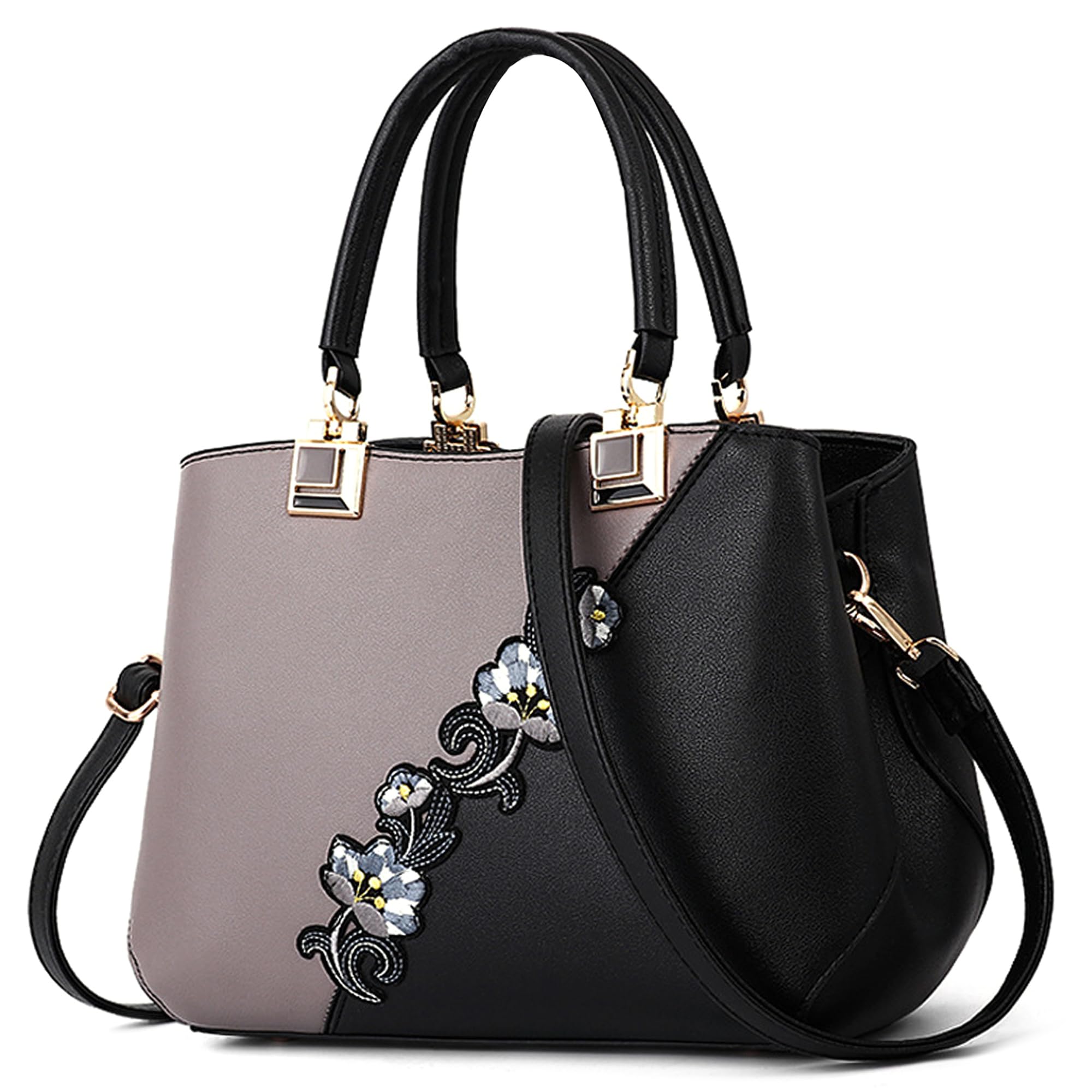 DIRRONA Borsa Donna Grande in PU Impermeabile – Borsa 3-in-1 a Mano e a Spalla, Elegante con Fiori e Design Bicolore, Ideale per Uso Quotidiano Casual Viaggio Lavoro e Festa Grigio