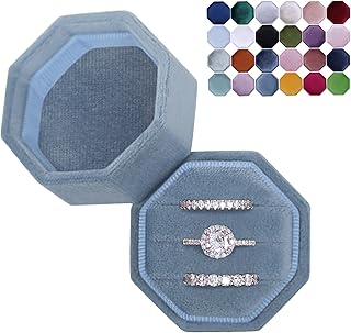 BLUTETE Velvet 3 Slots Jewelry Ring Box Engagement Wedding Box Keepsake Box Bridal Photo Ring Triple Slots Octagon (Ocean Blue)