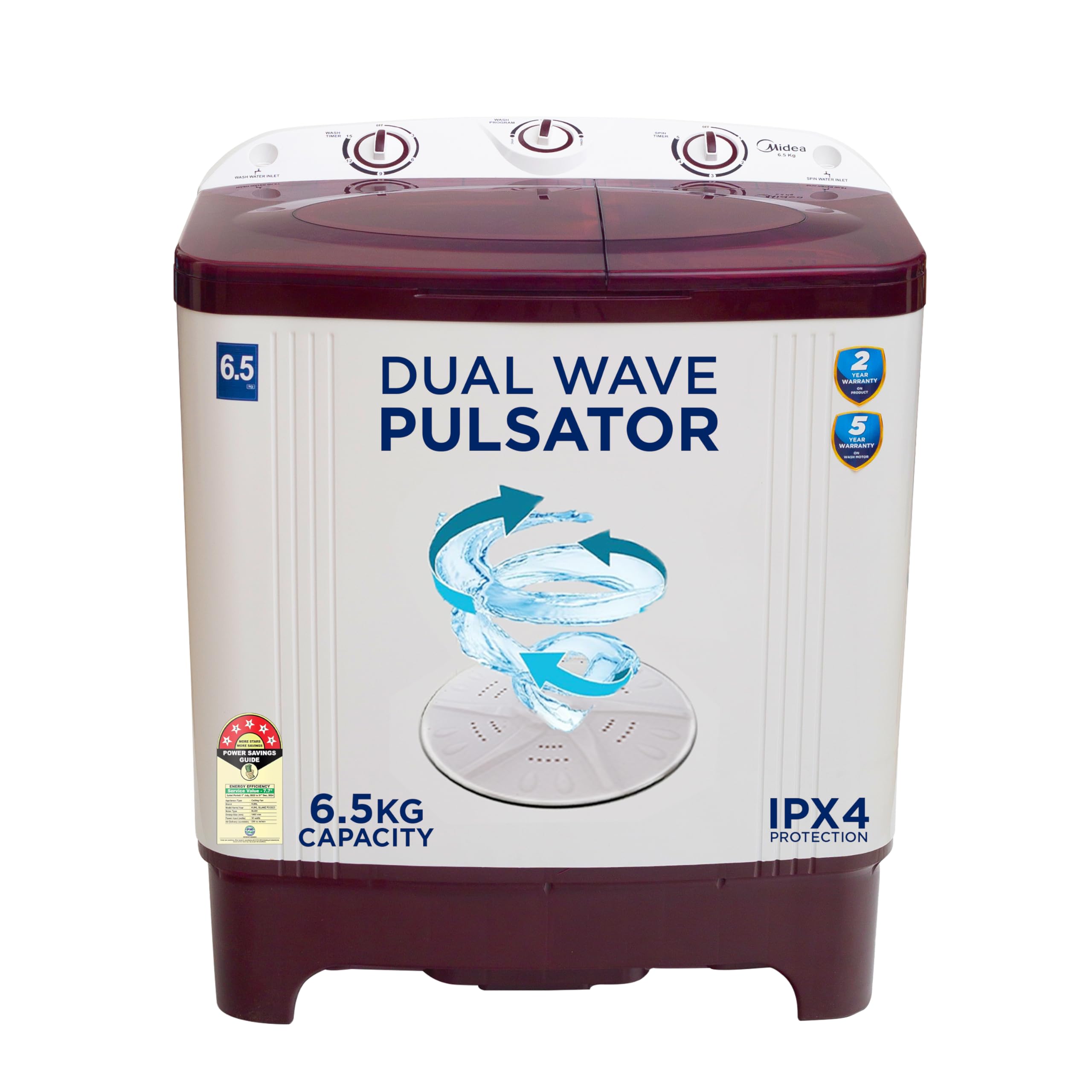 Midea 6.5 kg 5 Star Semi Automatic Top Load Washing Machine Maroon, Rust Proof Body (MWMSA065PPG(MW), Rat Away Feature)