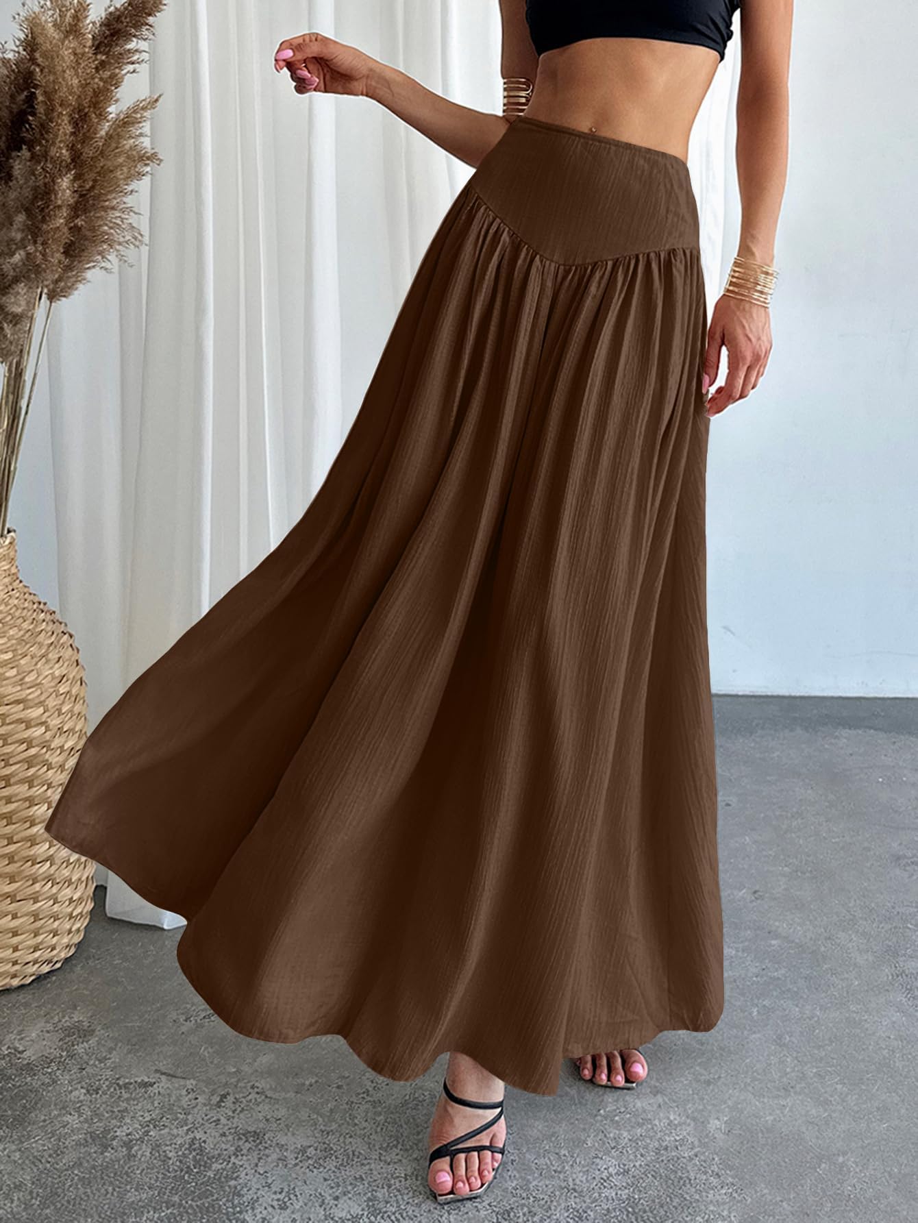 Women's Long Pleated Flowy Maxi Skirt High Waist with Pockets Casual Boho Fashion Style Skirt