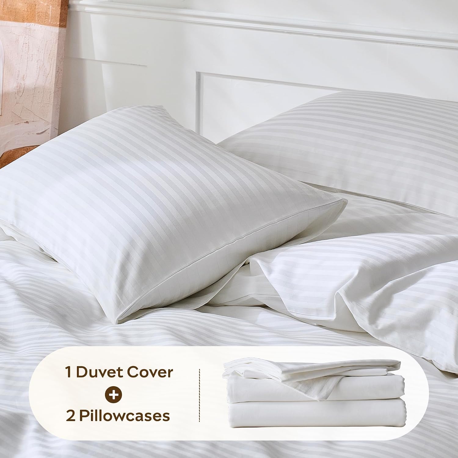 JELLYMONI Striped Duvet Cover Set - Queen Size Comforter Cover, Classic Sateen Stripes, 100% Cotton 3 Pcs Bedding with Zipper Closure & 8 Corner Ties for Master or Guest Bedroom