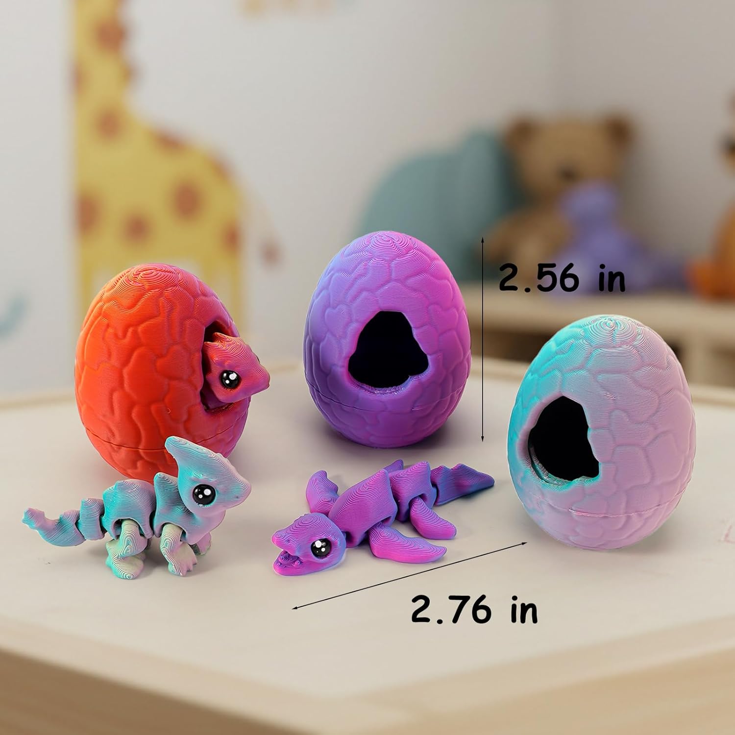 6 Pack 3D Printed Poseable Dragon Figures with Matching Eggs, Articulated Fidget Dragon Toy Set, Easter Basket Stuffers for Kids Teens, Dinosaur Party Favors Birthday Gifts