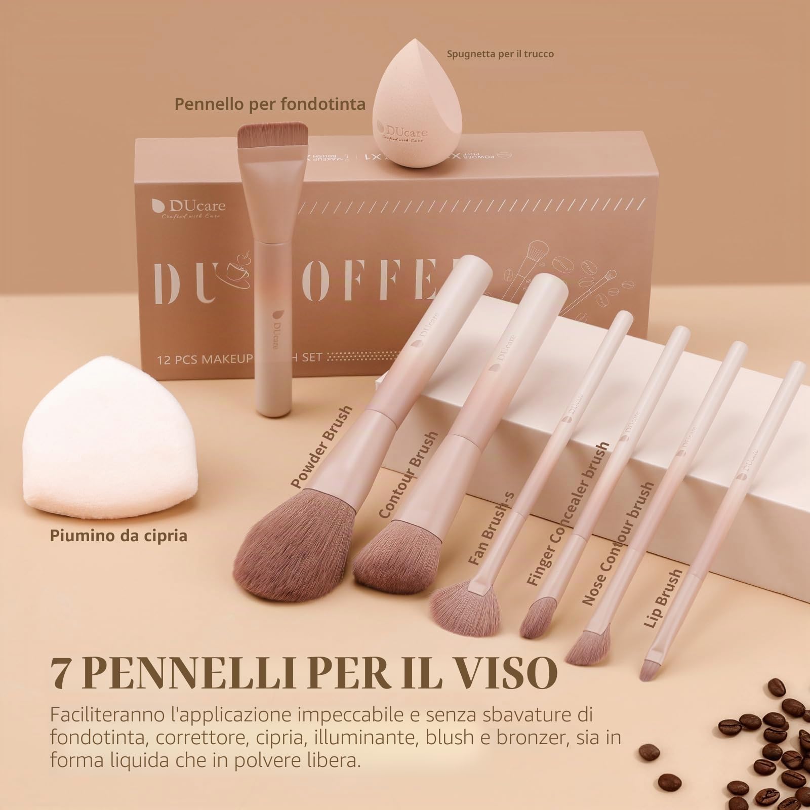 DUcare Set di Pennelli per Trucco 14Pezzi - Pennelli Make Up Set, Serie Caffè, con Spugnetta, Pennello Fondotinta, Pennello per Sfumare il Fondotinta, Pennello per la Cipria, Pennello per il Fard