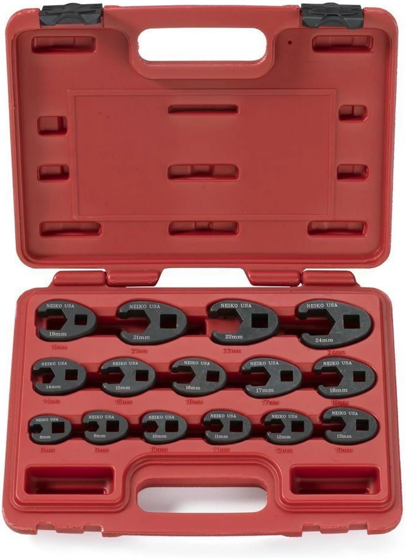 Neiko 03324A Crowfoot Wrench Set 1/2" And 3/8” Drive, 15 Piece, Metric Crows Foot Wrench Sizes 8mm-24mm, Chrome-Moly Flare Nut Wrench Set