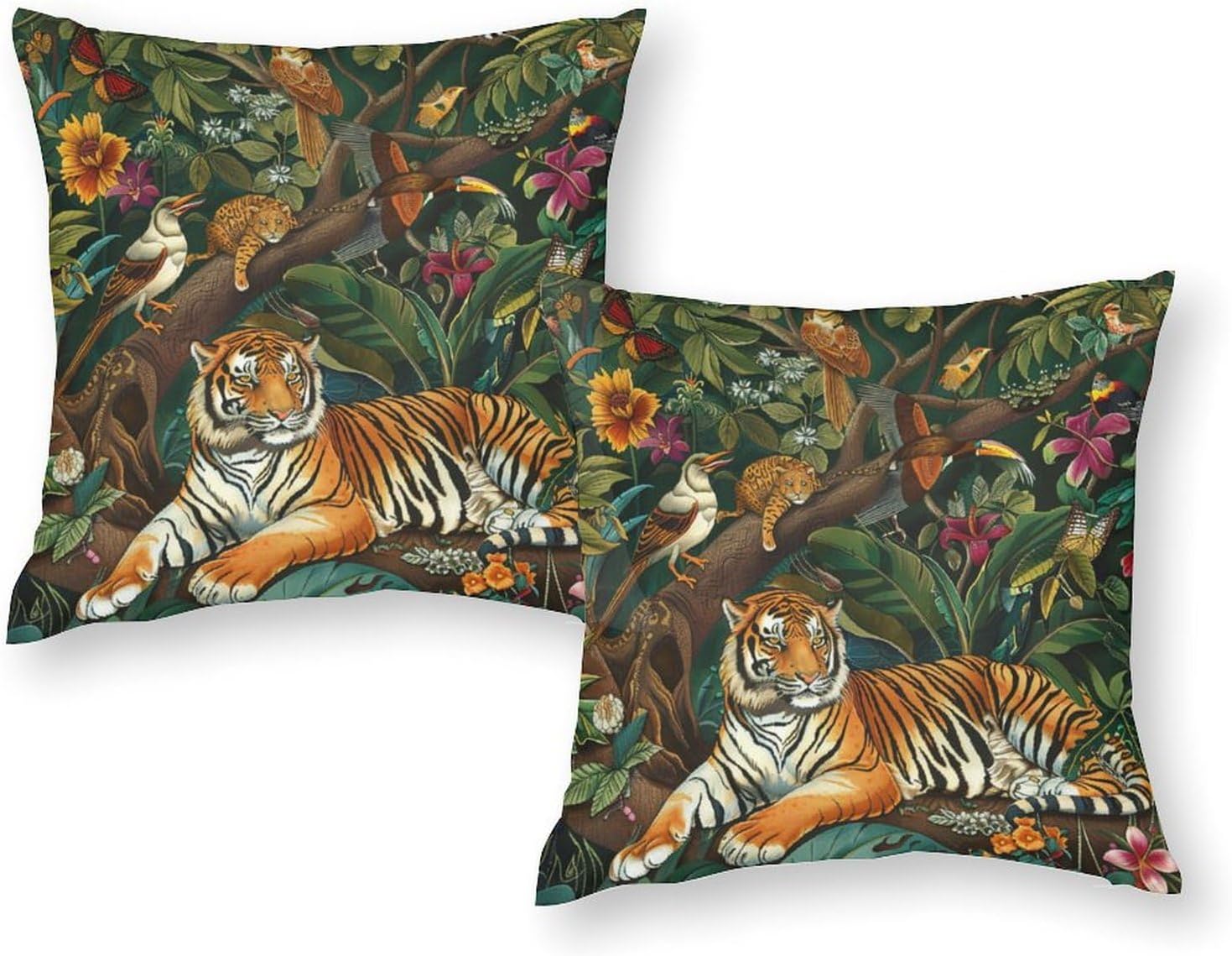 Colorful Floral Forest Animal Throw Pillow Covers for Living Room Bedroom, Jungle Plant Bird Tiger Pillowcases Outdoor Cushion Case for Couch Sofa Bed, 20x20 inch