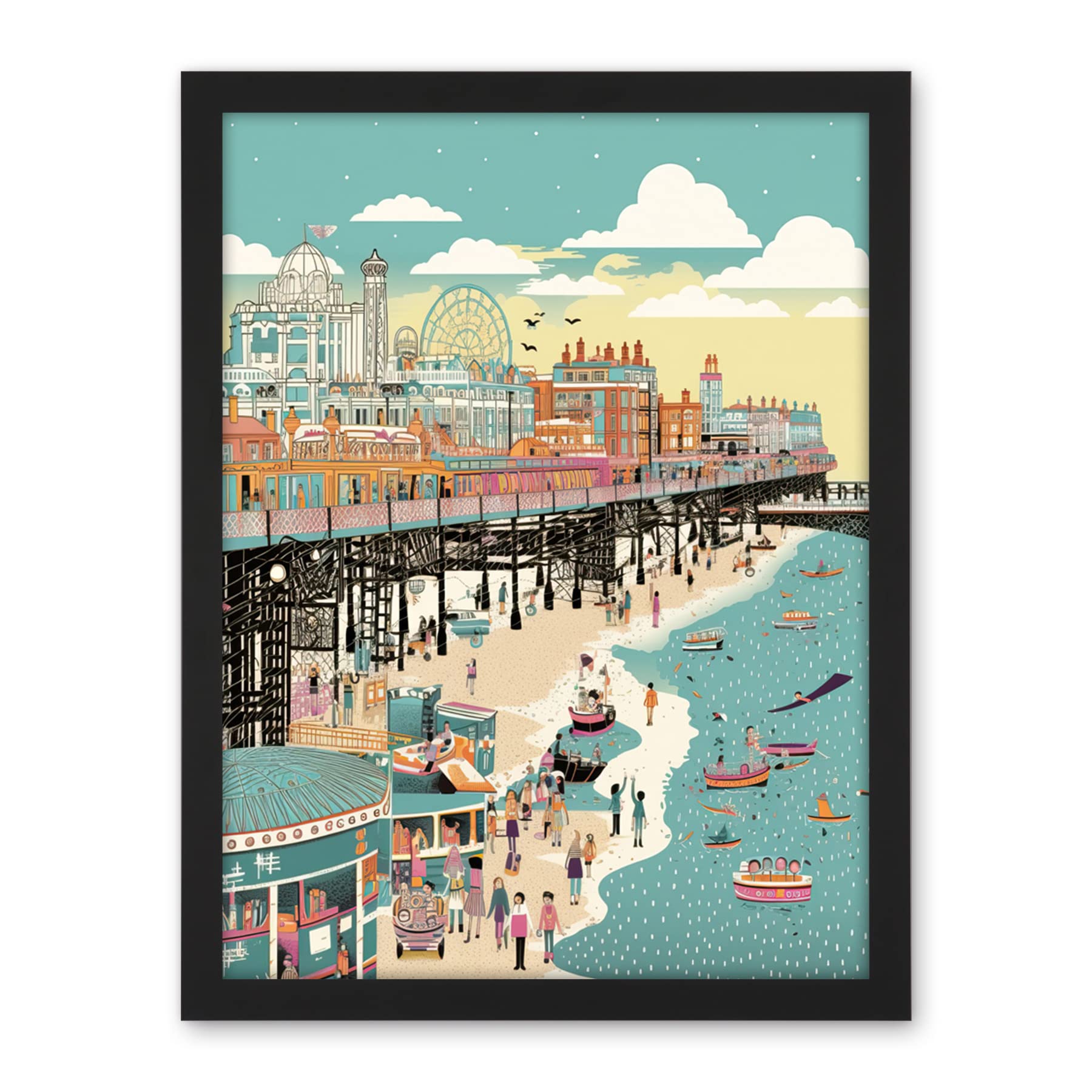 Artery8 Brighton Beach Pier and Sandy Summer Scene Artwork Framed Wall Art Print 18X24 Inch