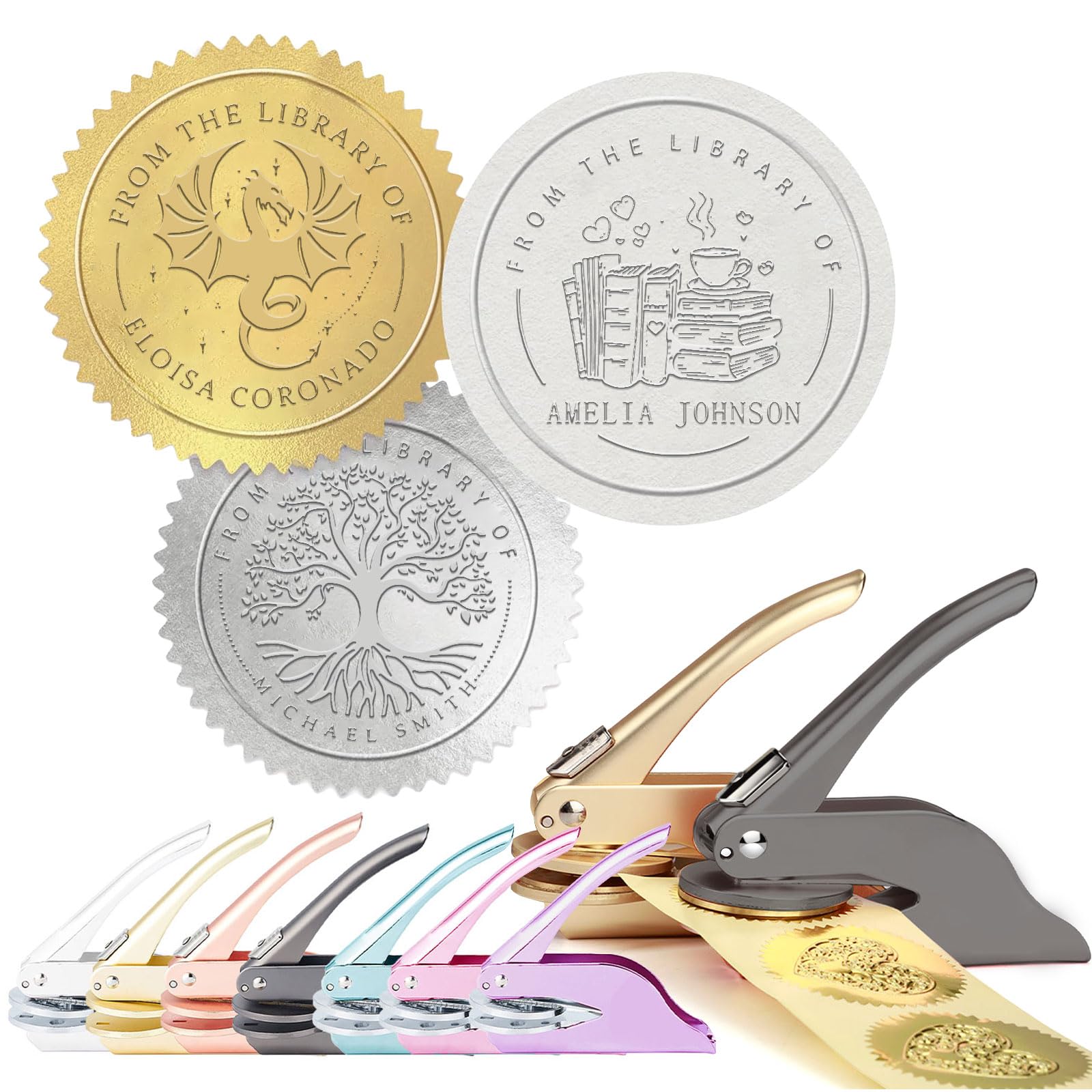 Personalised Book Embosser Stamp with Name and Logo, Custom Embossed Book Stamp for Books, Cards, Libraries, Envelopes, Wedding Invitations, Notary Seal Labels