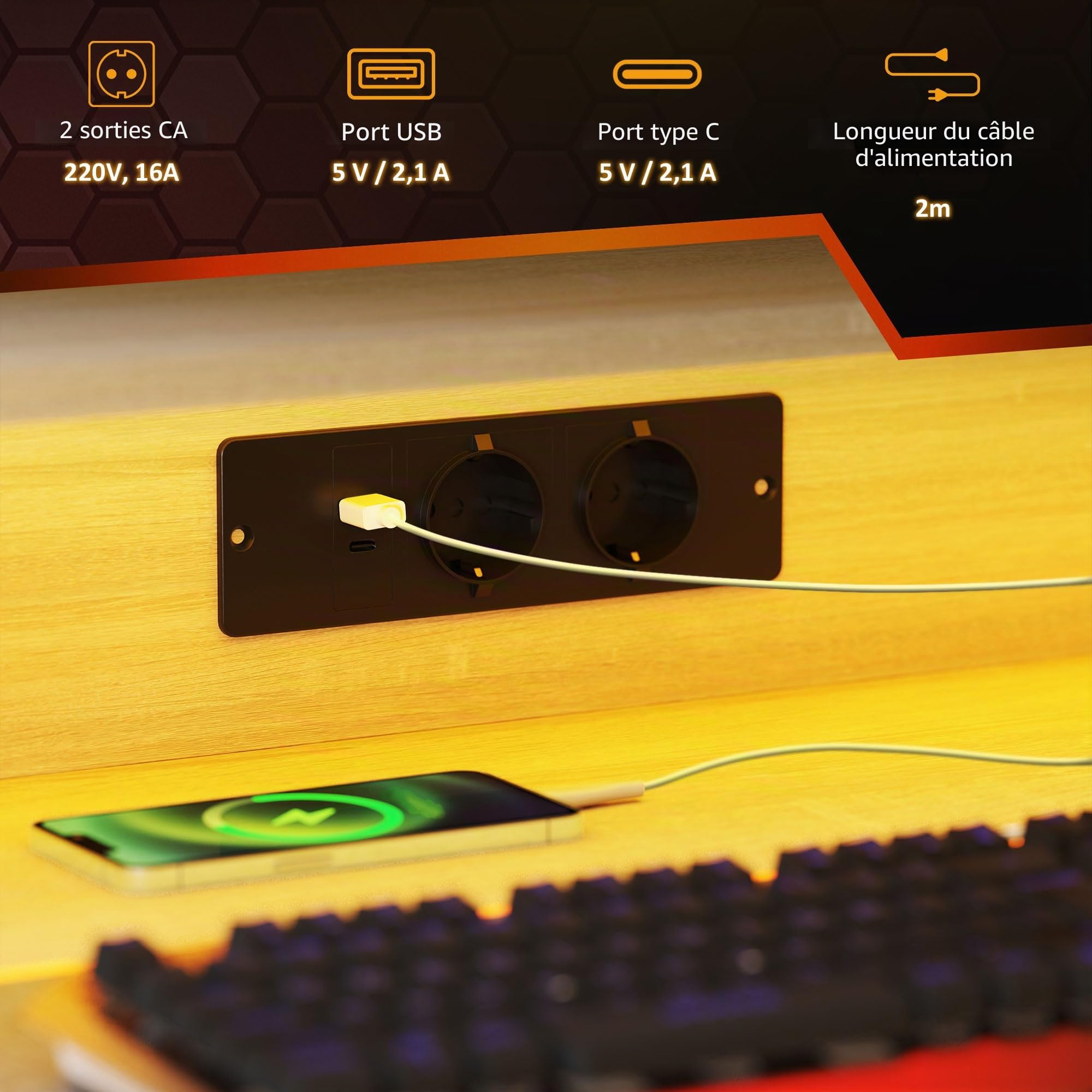 HOMCOM Bureau Gaming avec LED, Prises, 100x60cm Naturel