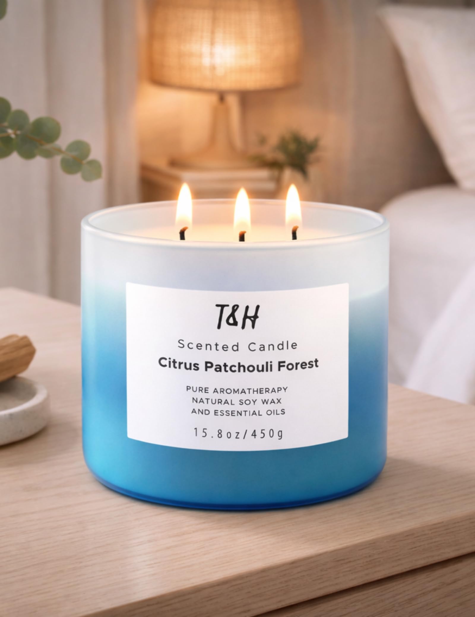 Zitrus-Patchouli-Waldkerze für Zuhause, natürliche 3-Docht-Soja-Kerze, beruhigende Aromatherapie-Kerze, Geschenk für Damen und Herren, 450 ml, große entspannende Kerze, stark duftend