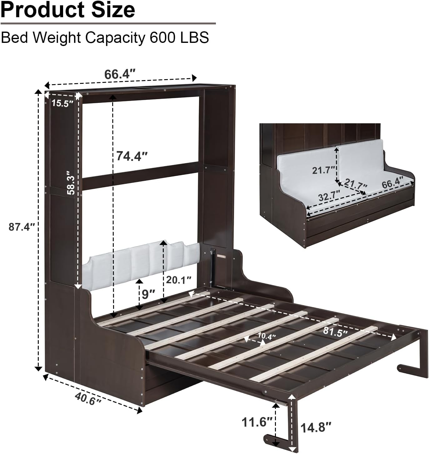 CAPCAEK Queen Size Murphy Bed Wall Bed with Cushion Under Chair,Space-Saving Cabinet Bed, Horizontal Murphy Bed Chest for Multipurpose Guest Room or Home Office (Espresso, Queen (U.S. Standard))