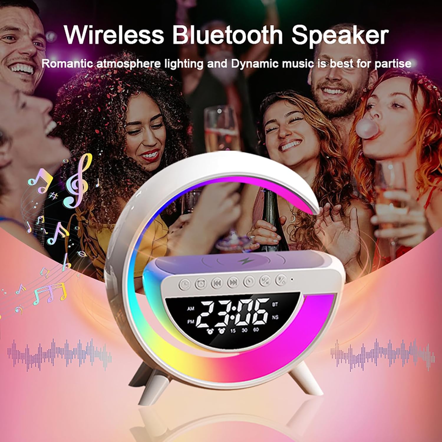 Wireless Charging Table Lamp, Multifunctional Bluetooth Speaker & Alarm Clock - LED Bedside Desk Lamp Night Light for Heavy Sleepers, Superfine Bedroom Home Decoration (White) - Image 5