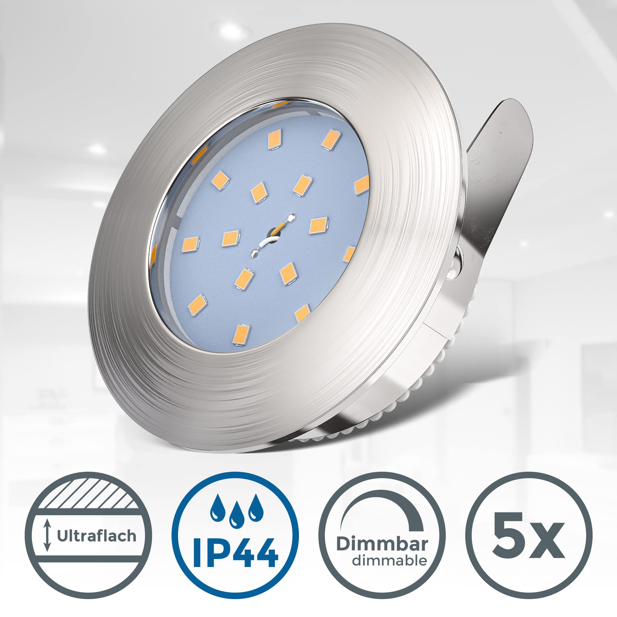B.K.Licht Faretti LED da incasso dimmerabili, 5,5W, diametro foro 60mm, 5 faretti da bagno ultrasottili, luce calda, resistenti agli schizzi d'acqua, plastica nickel opaco, 230V IP44