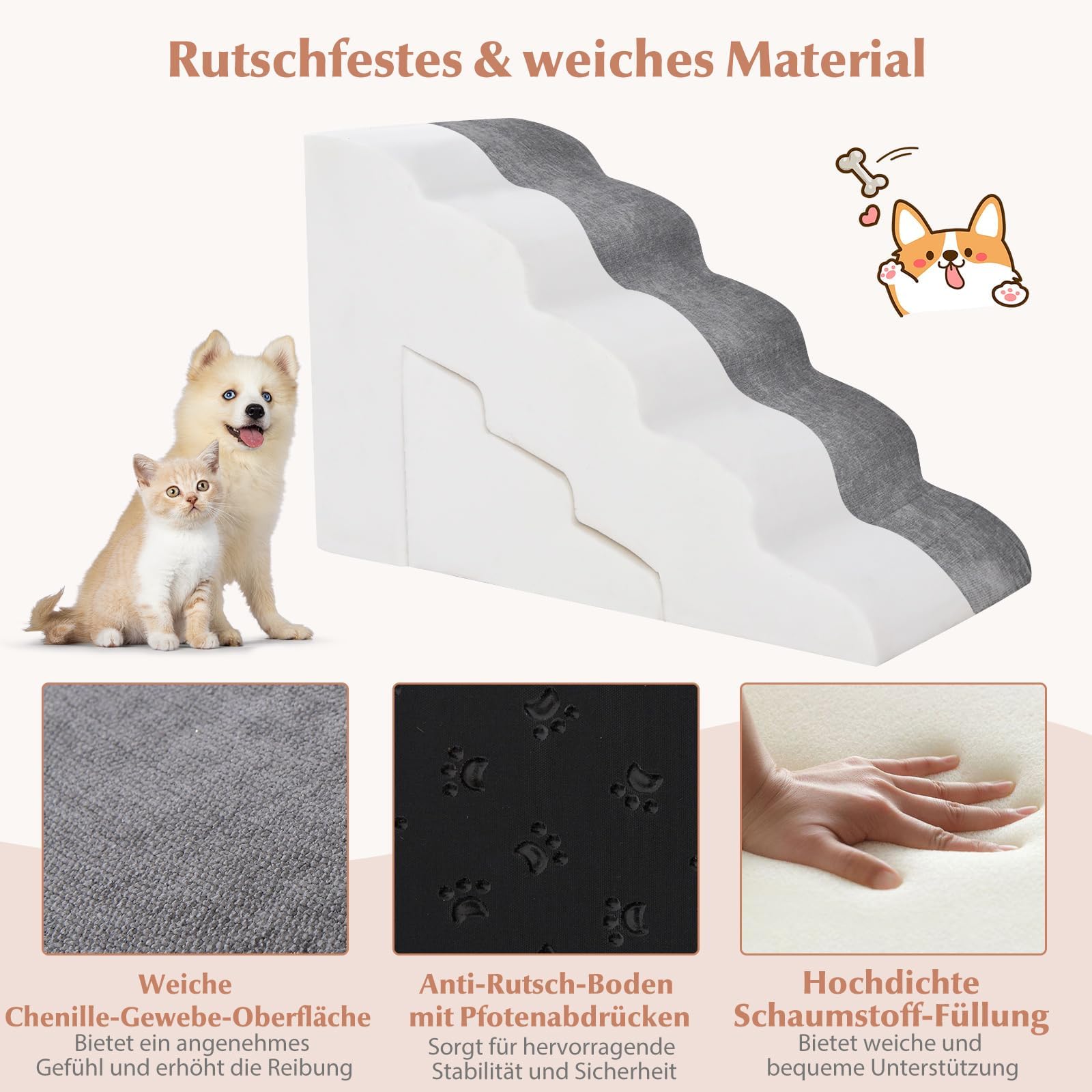 COSTWAY Hundetreppe 5+3 Stufen, rutschfeste Hundestufe Schaumstoff, 30+20 kg belastbar, Haustiertreppe für Hunde Katzen, Katzentreppe Abnehmbar, Hunde Treppe für Sofa Bett, Waschbarer Bezug (Grau)