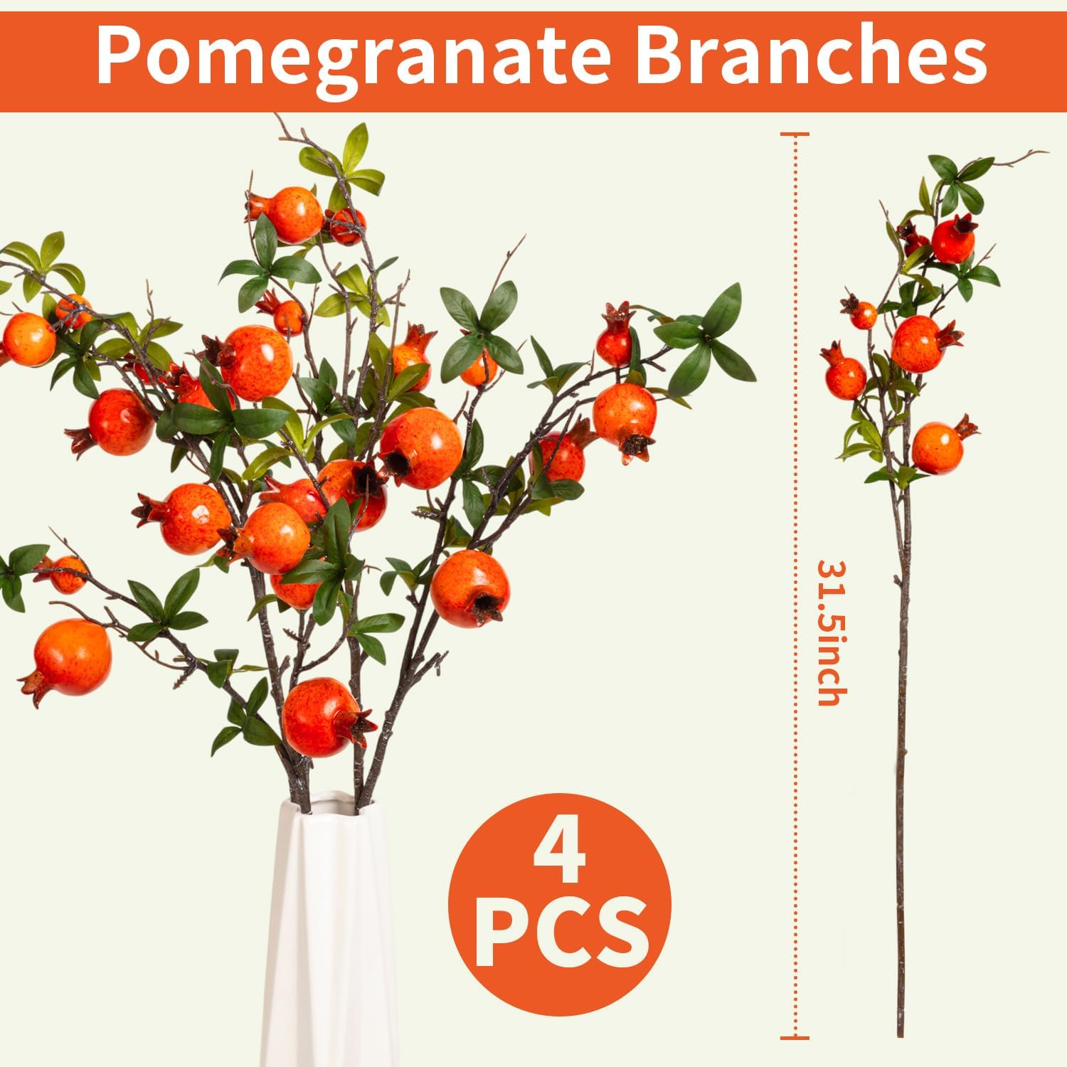 4Pcs 31.5 Inch Artificial Pomegranate Branches, Fake Fruit Branch, Artificial Plants for Living Room Dorm Decor Christmas Farmhouse Vase Arrangement Centerpiece