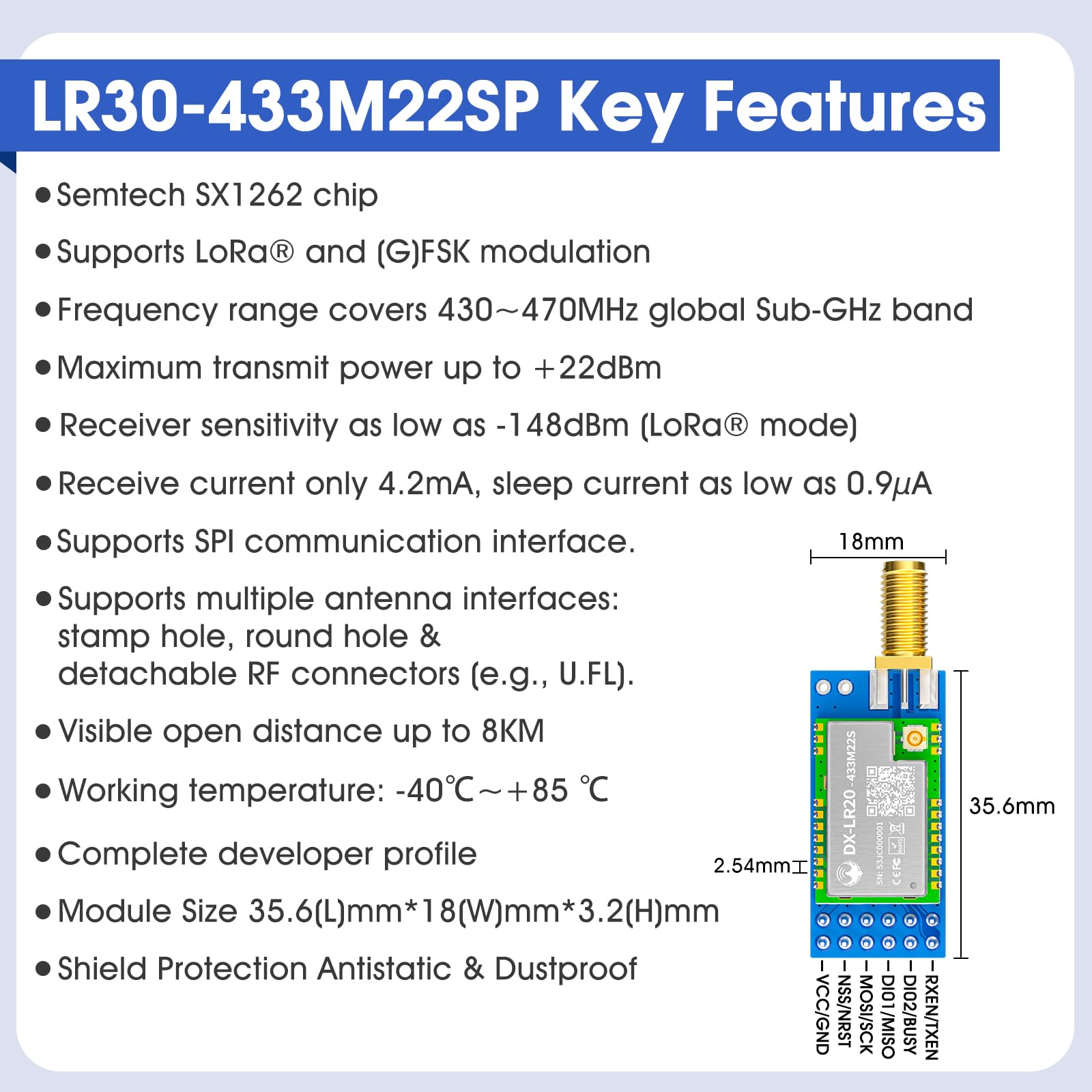 SX1262 LoRa Module Developer SET DX-LR30 433~470MHz 868/915Mhz 22dBm 8km Range 5V UART GPIO ISM Band LoRa RF Module (DX-LR30-433-T1)